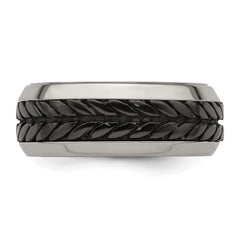 Edward Mirell Stainless Steel and Black Ti Rope Design Beveled Casted 9mm Band