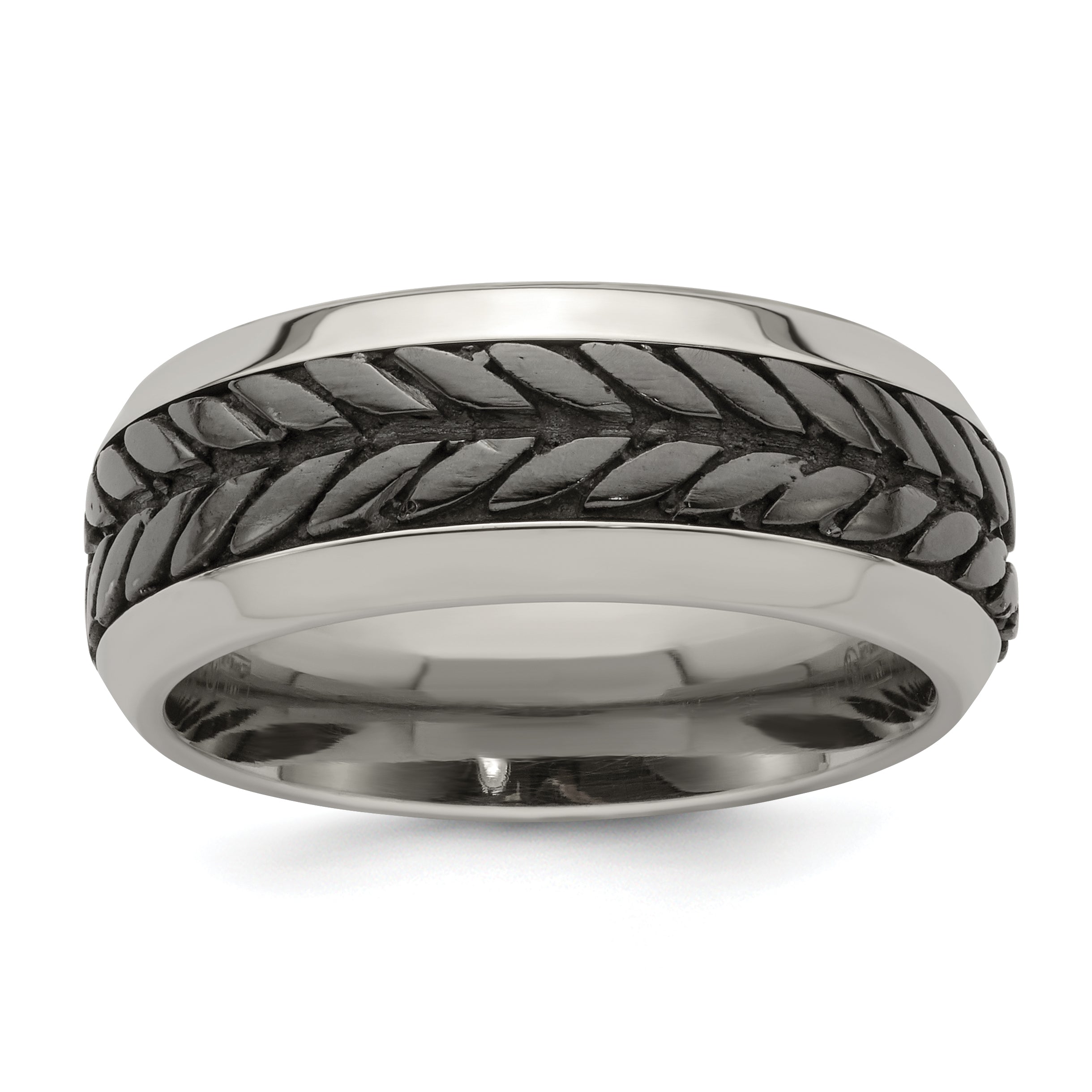 Edward Mirell Stainless Steel and Black Ti Rope Design Beveled Casted 9mm Band