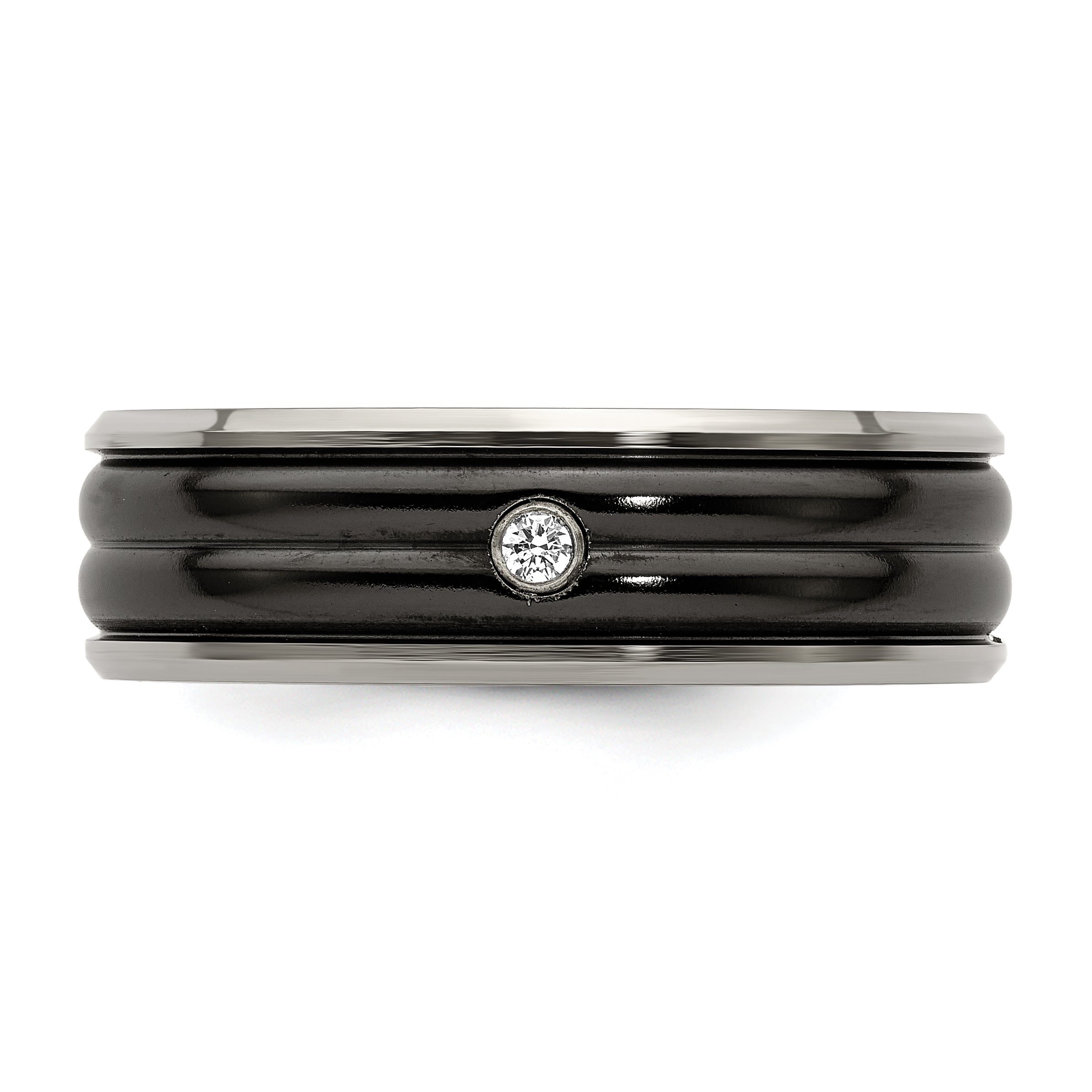 Sophia Jewelers Titanium Wedding Band with Diamond Bezel and Grooved Finish