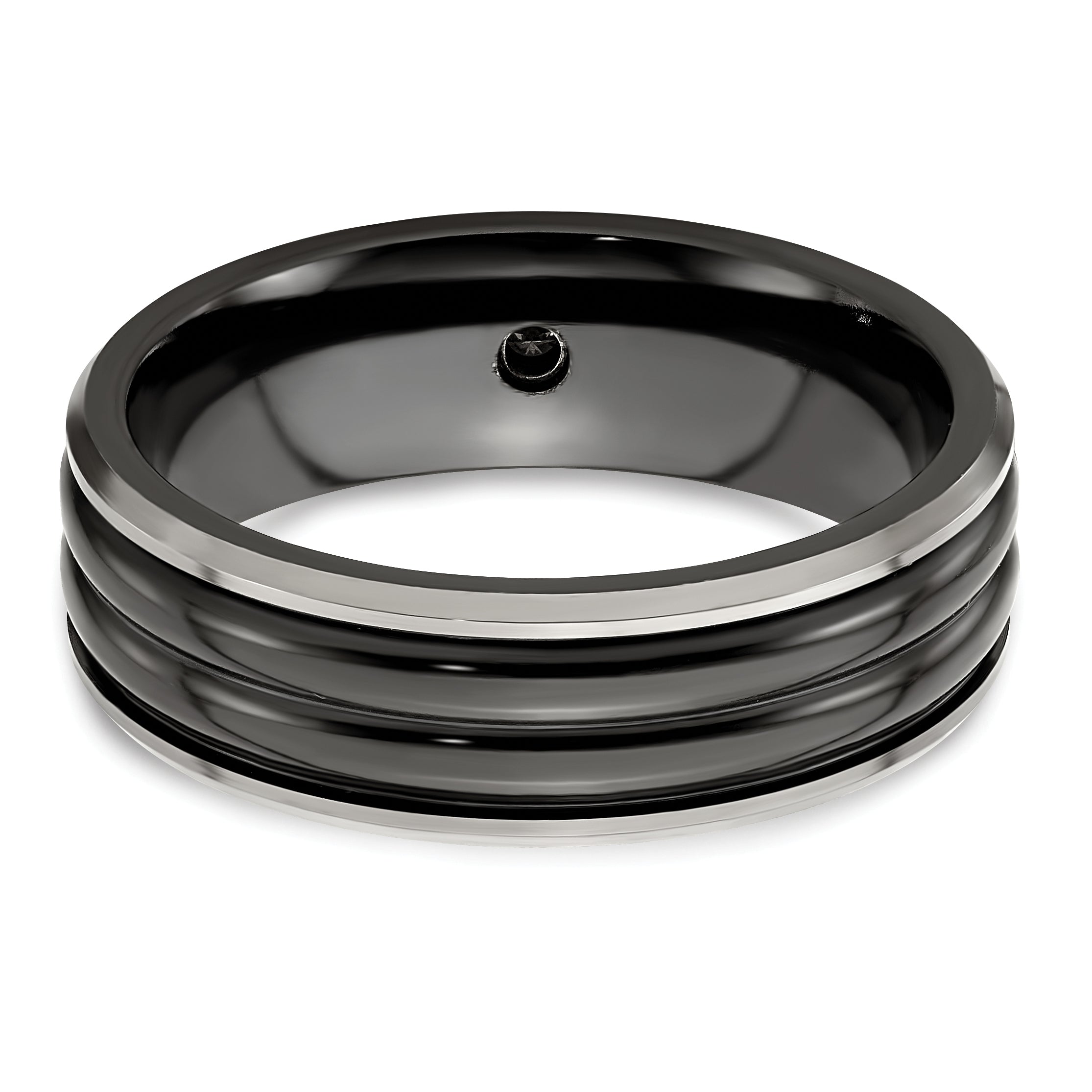Sophia Jewelers Titanium Wedding Band with Diamond Bezel and Grooved Finish