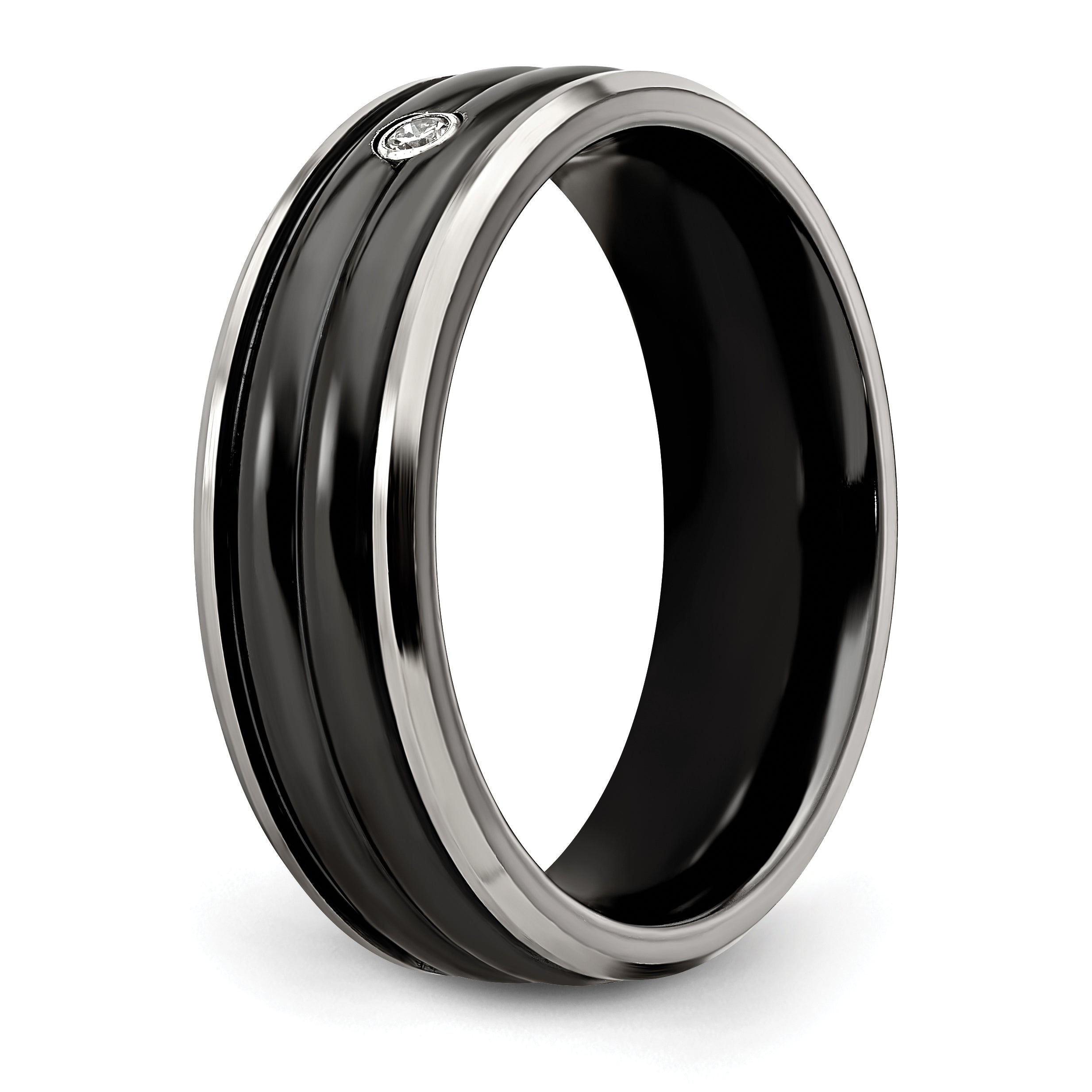 Sophia Jewelers Titanium Wedding Band with Diamond Bezel and Grooved Finish