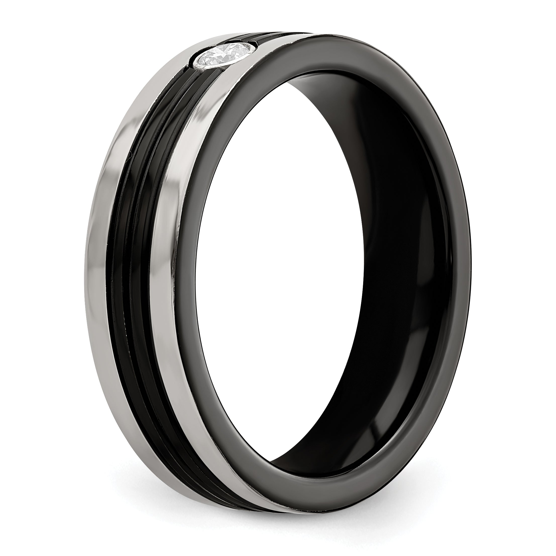 Edward Mirell Black Ti with Grey Titanium Edge 1/10 carat Diamond with Sterling Silver Bezel 6mm Band