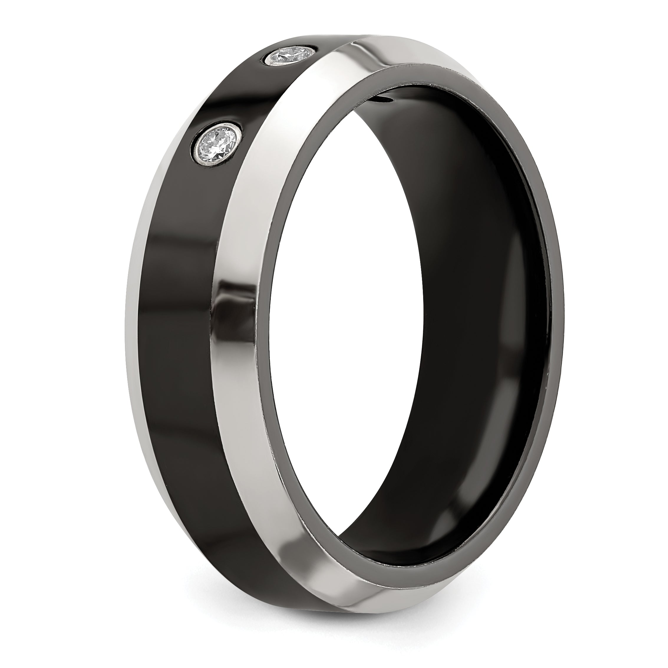 Edward Mirell Black Ti with Beveled Titanium Edge 1/10 carat Diamond with Sterling Silver Bezel 7mm Band