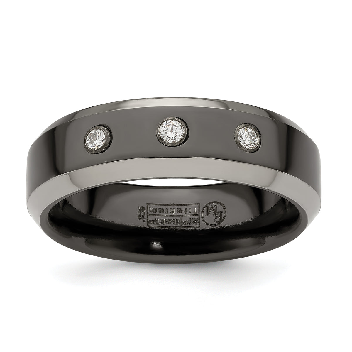 Edward Mirell Black Ti with Beveled Titanium Edge 1/10 carat Diamond with Sterling Silver Bezel 7mm Band