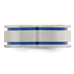 Titanium 8mm Wedding Band with Blue Accents and Engravable Grooves