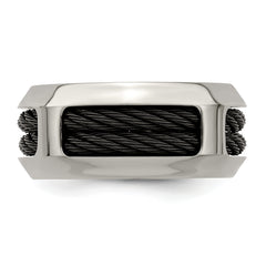 Titanium Wedding Band with Black Ti Cable Polished Beveled Edge - 8