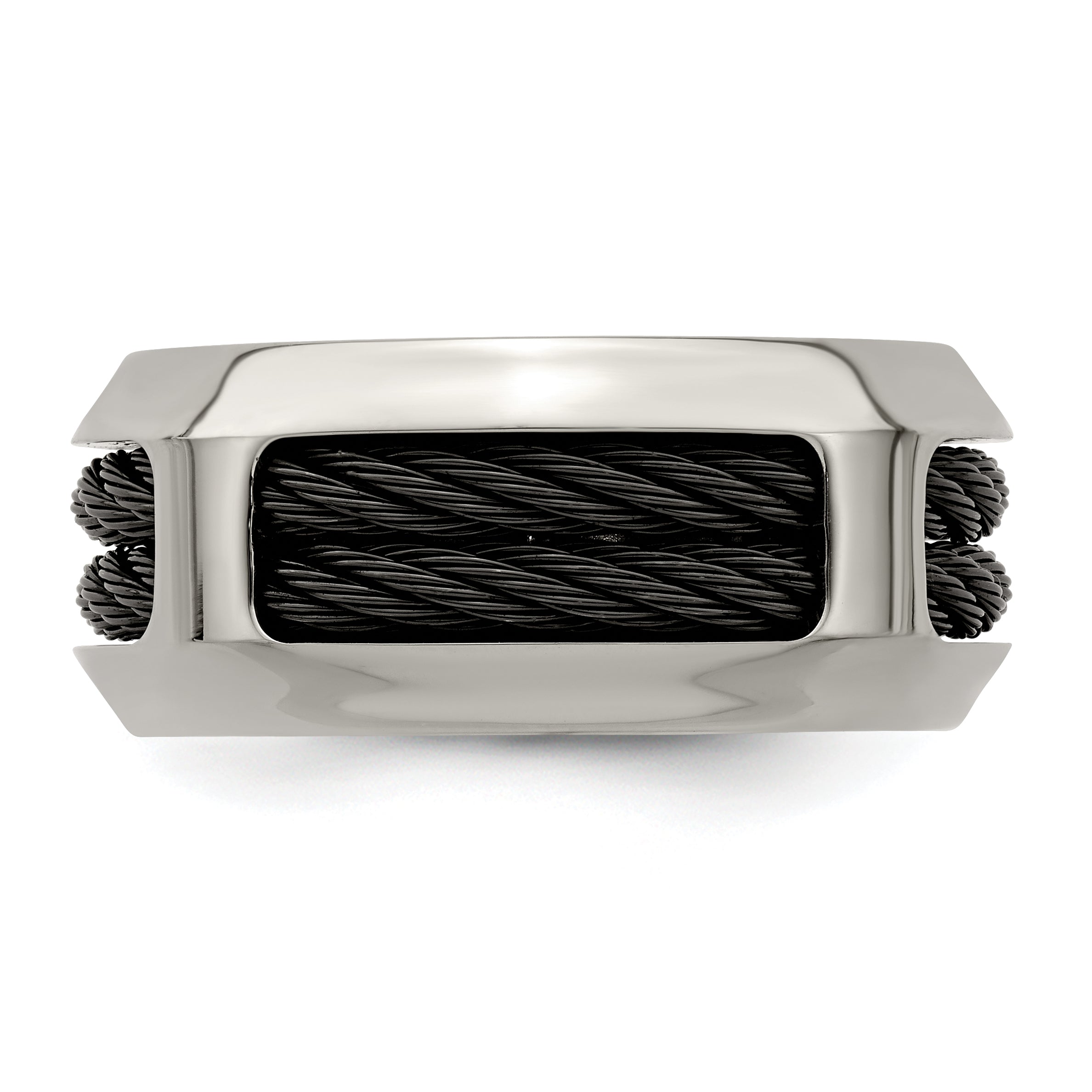 Titanium Wedding Band with Black Ti Cable Polished Beveled Edge - 8