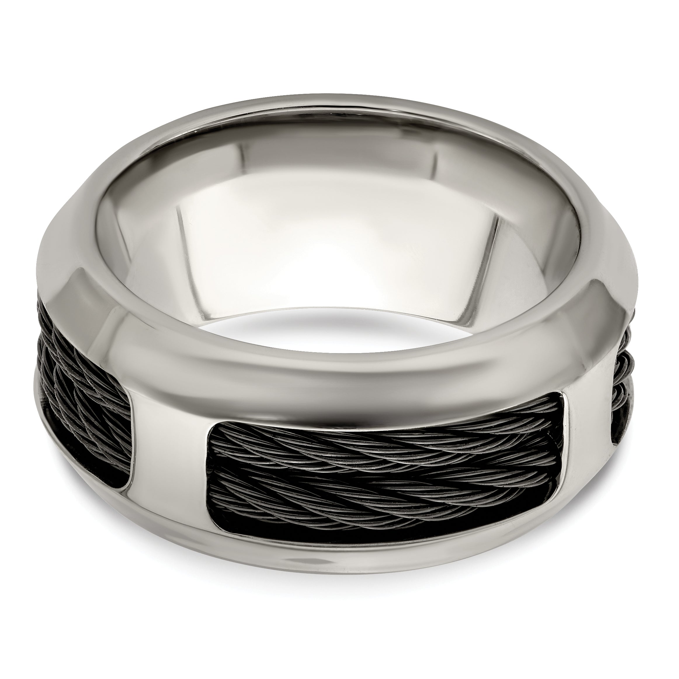 Titanium Wedding Band with Black Ti Cable Polished Beveled Edge - 8