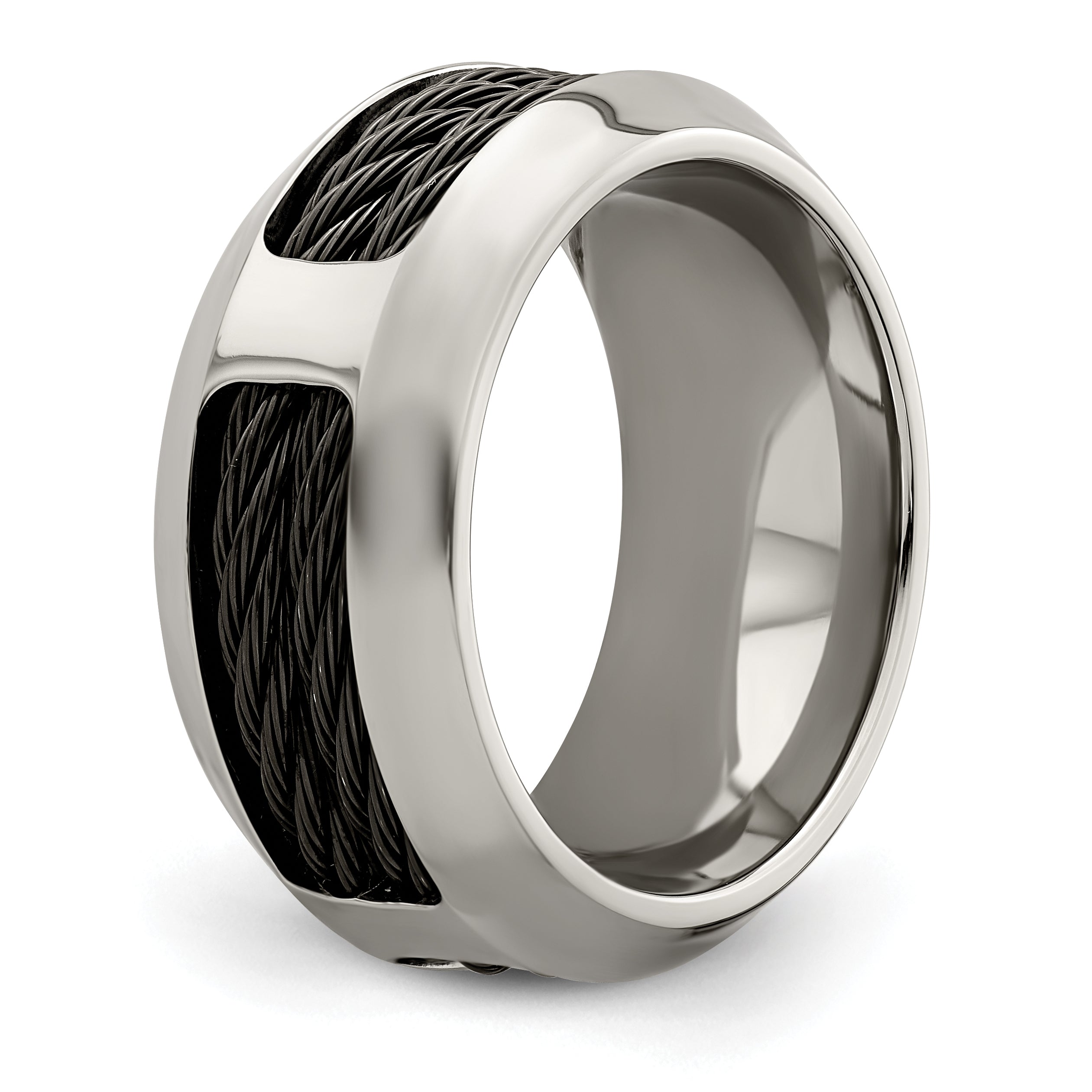Titanium Wedding Band with Black Ti Cable Polished Beveled Edge - 8