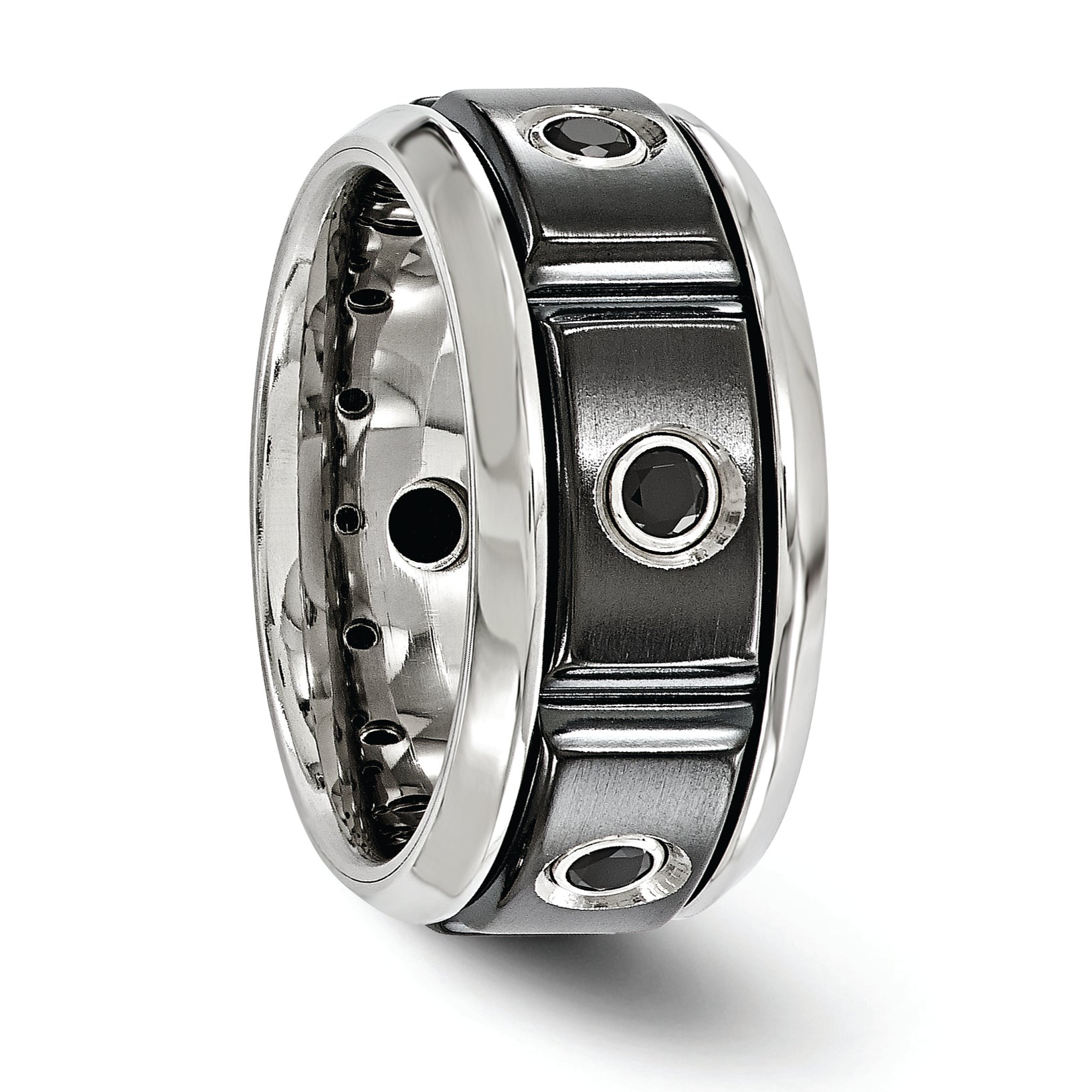 Edward Mirell Black Ti Stainless Steel Silver Bezel Black Spinel Ring