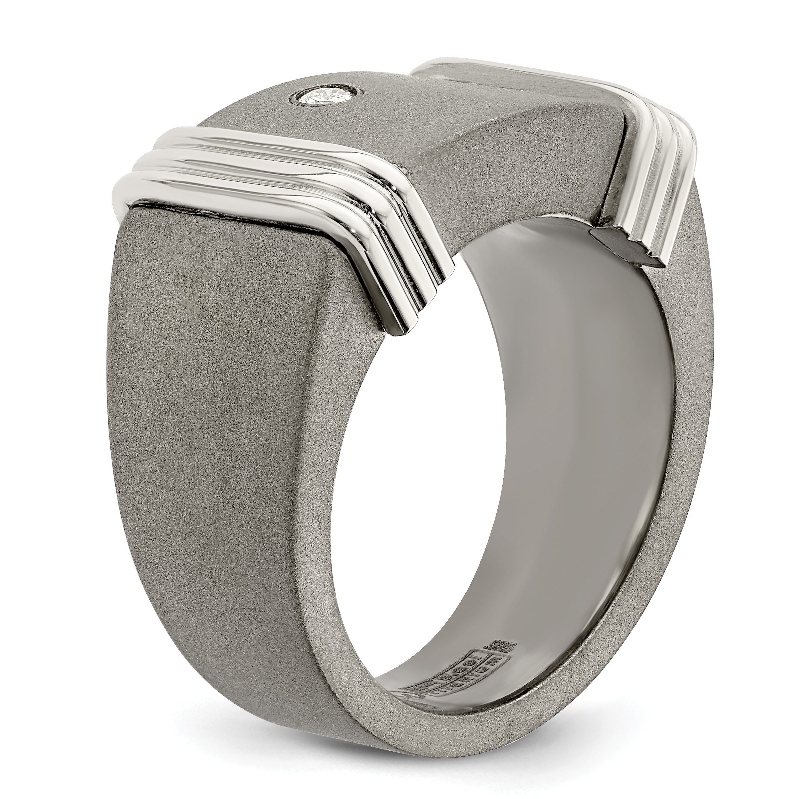 Edward Mirell Titanium and Argentium Silver Men's Polished Diamond Signet Ring - 8