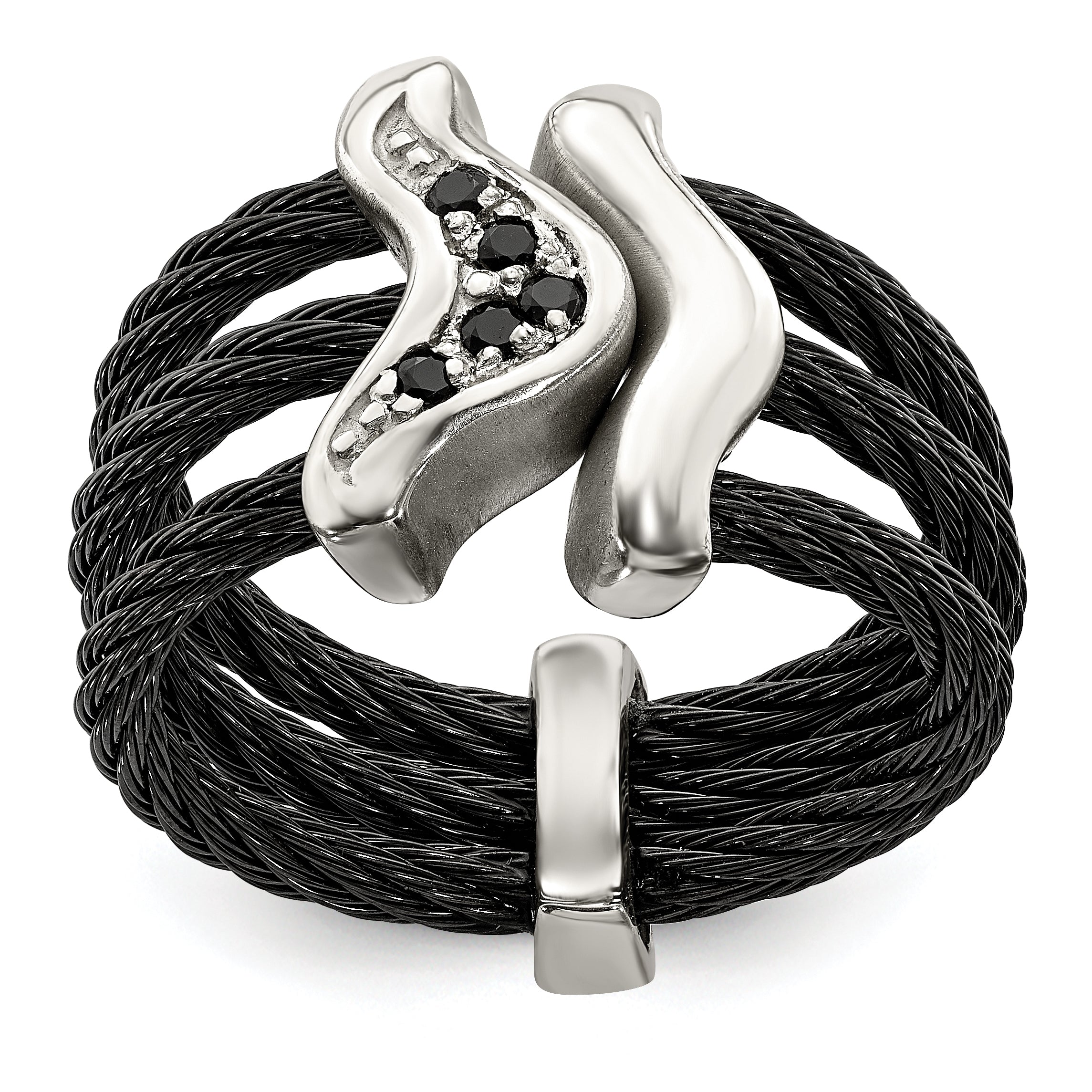 Edward Mirell Black Ti WithSterling Silver Black Spinel Cable Flexible Ring