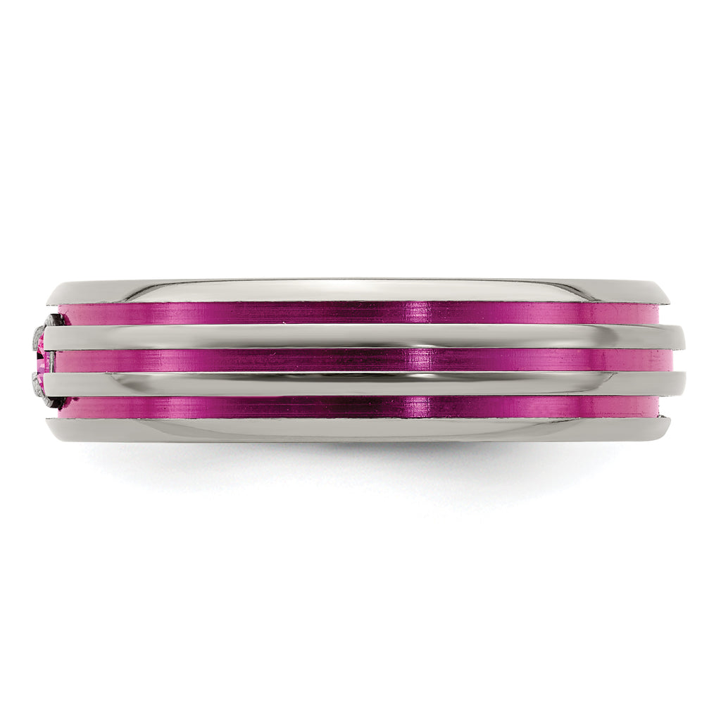 Edward Mirell Titanium Wedding Band with Pink Sapphire and Grooved Design