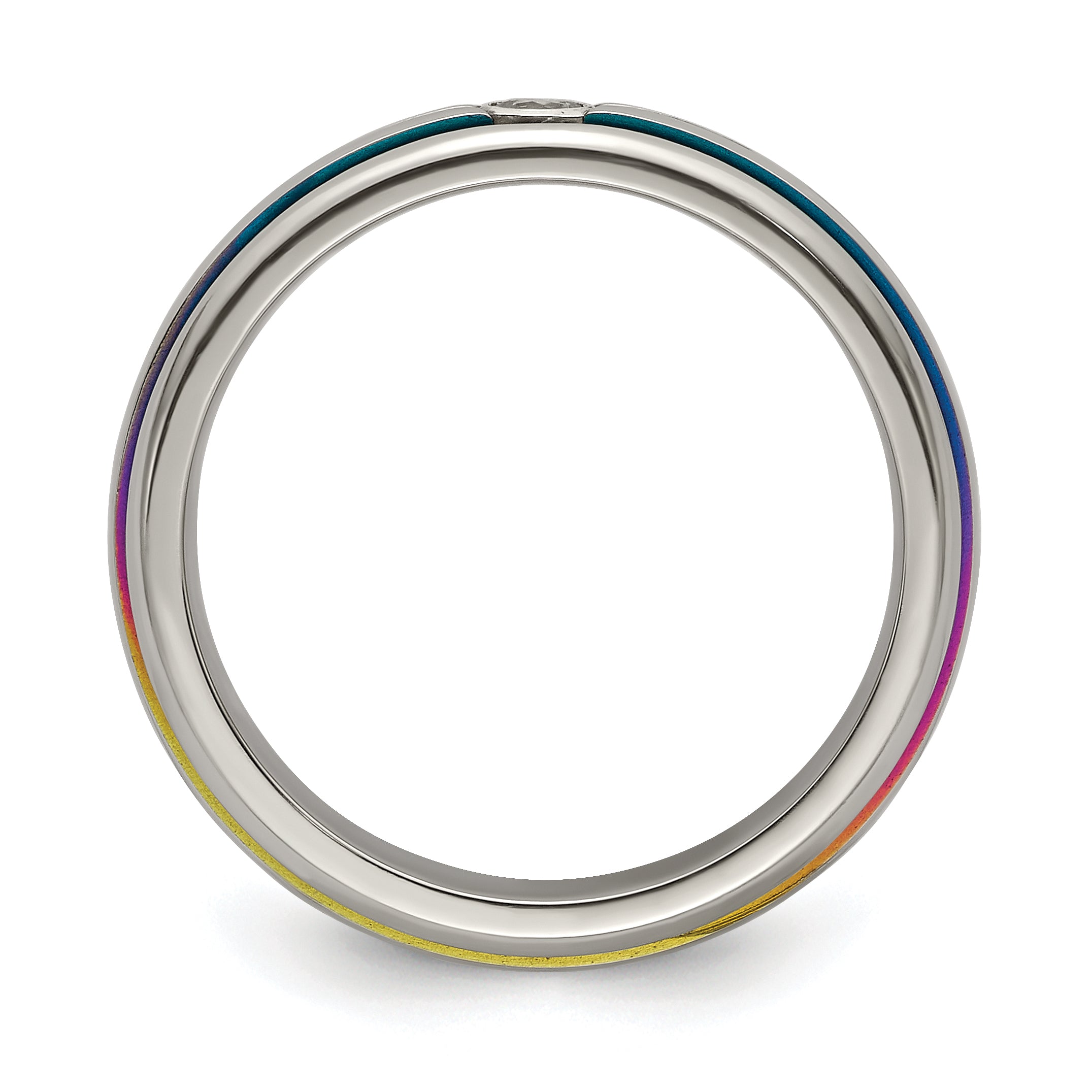 Titanium Wedding Band with Rainbow Anodized Grooves and White Sapphire