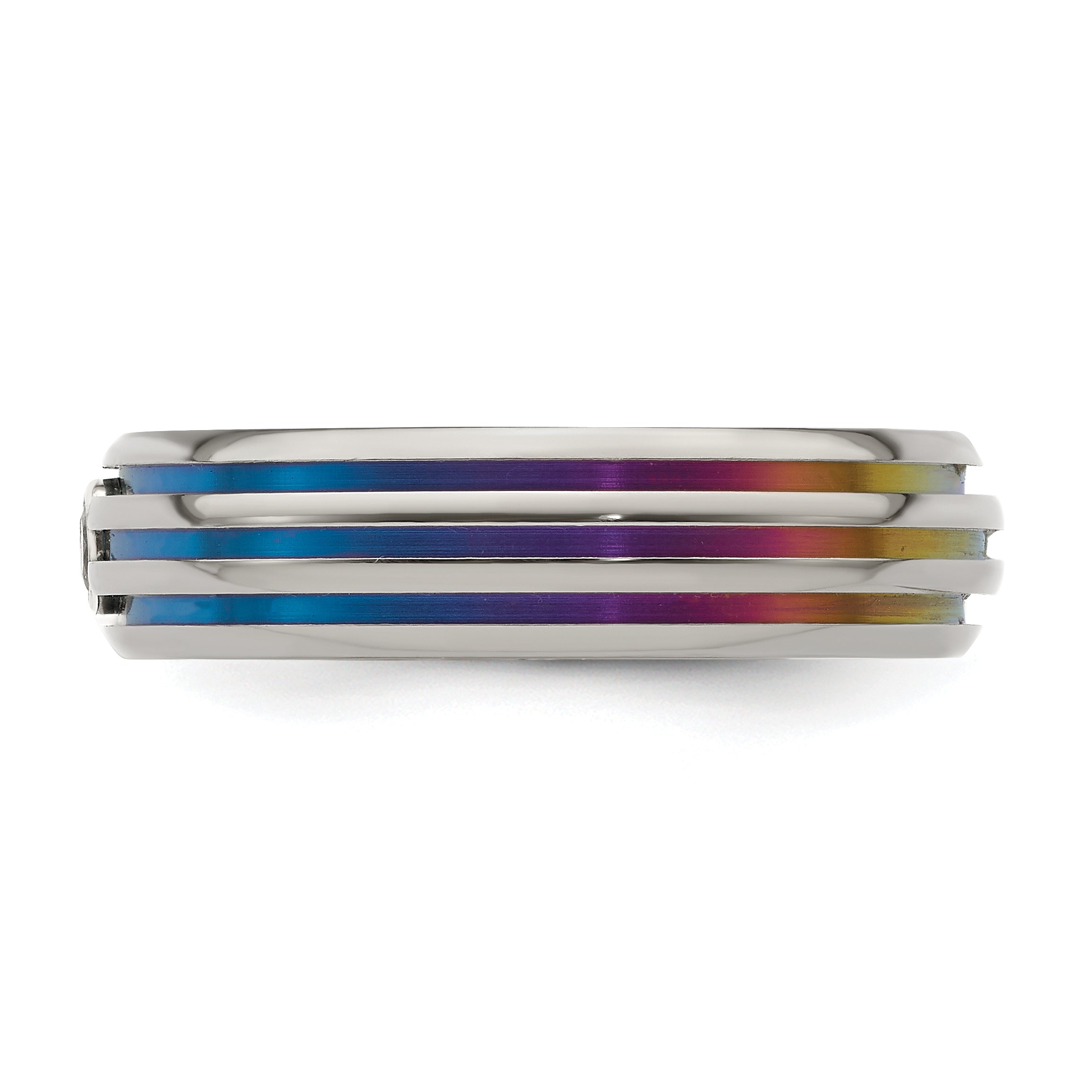 Titanium Wedding Band with Rainbow Anodized Grooves and White Sapphire