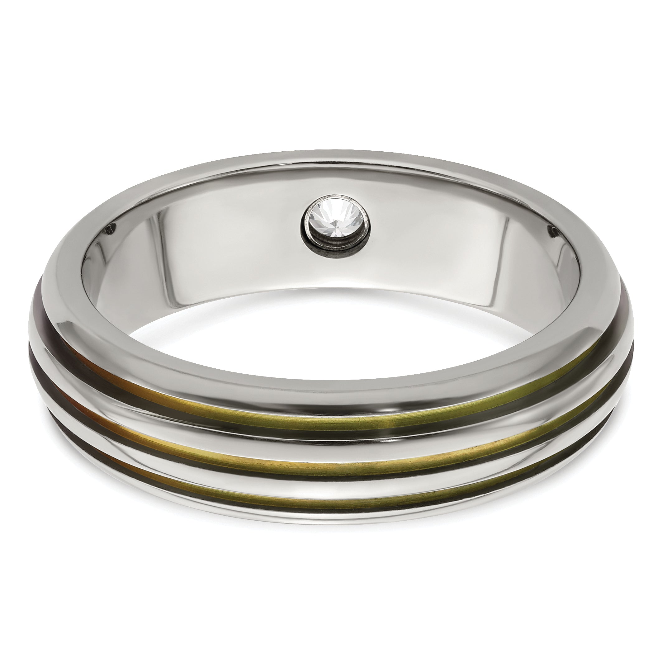 Titanium Wedding Band with Rainbow Anodized Grooves and White Sapphire