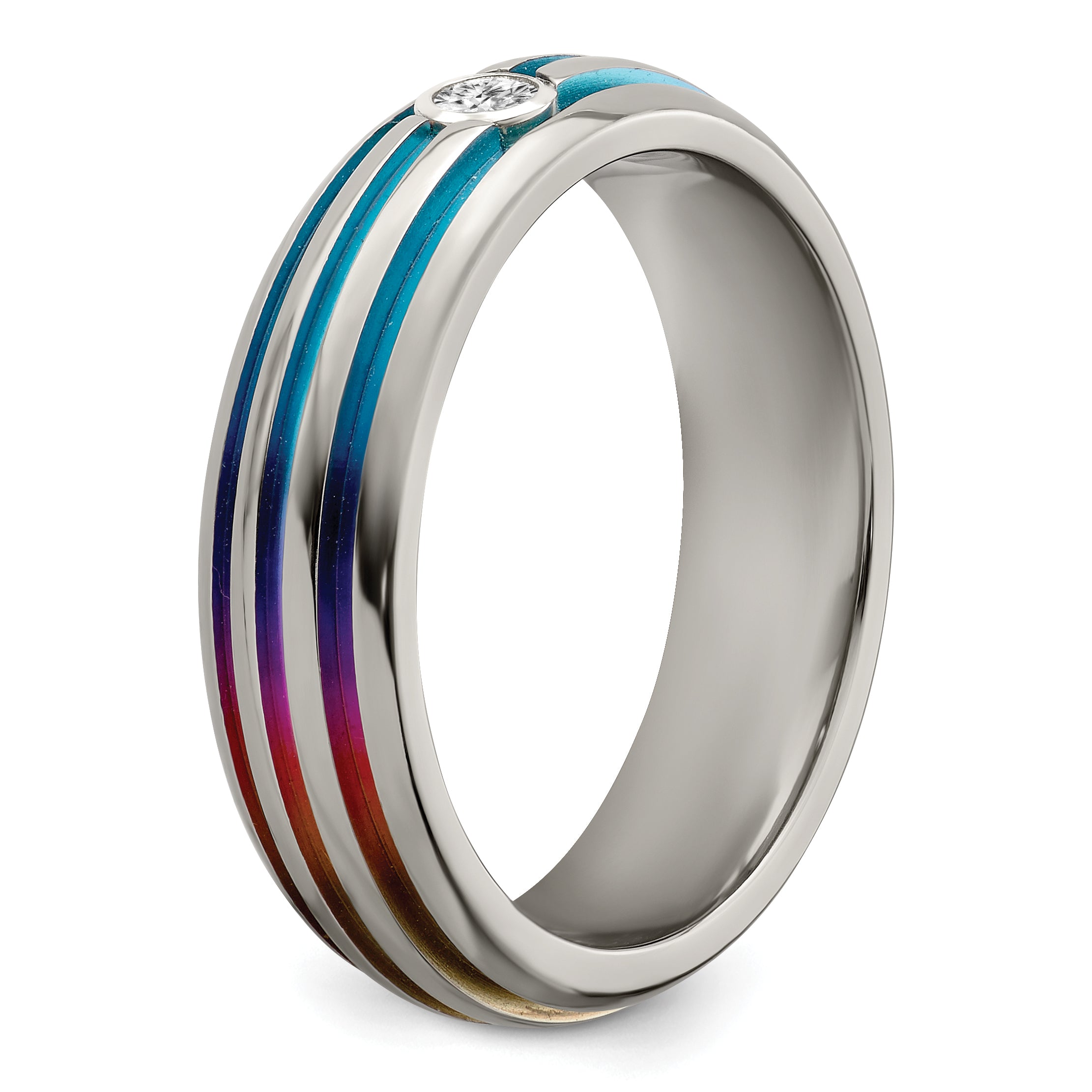 Titanium Wedding Band with Rainbow Anodized Grooves and White Sapphire