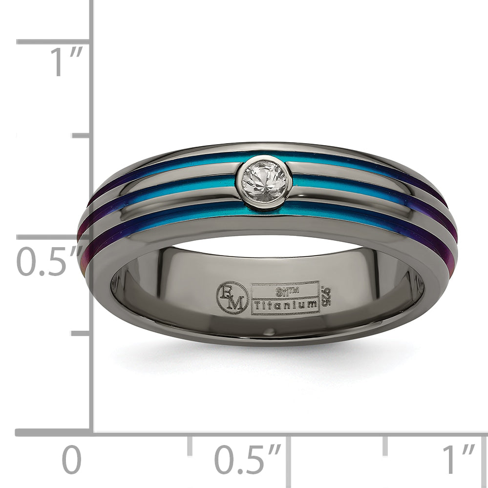 Titanium Wedding Band with Rainbow Anodized Grooves and White Sapphire