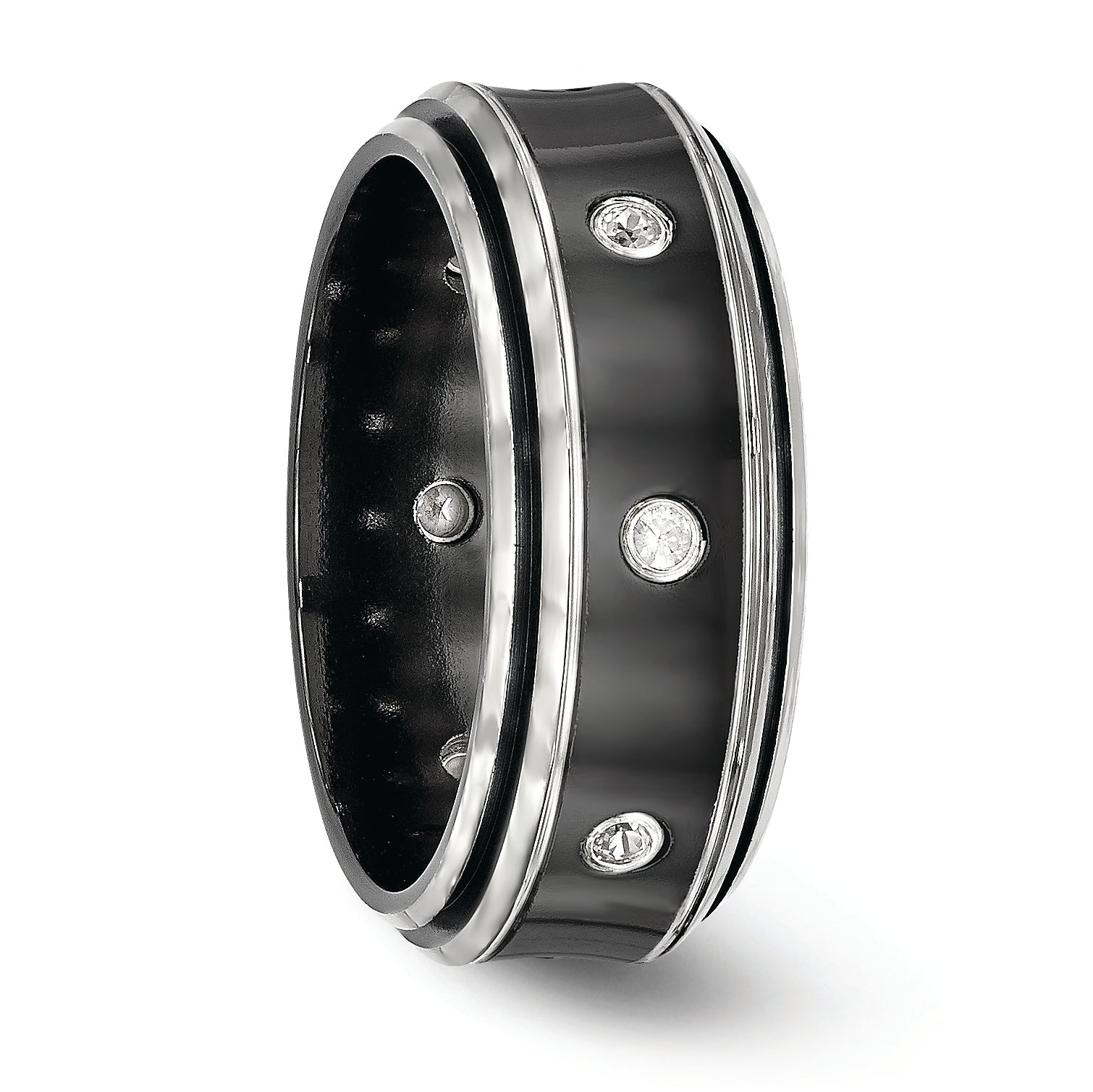 Edward Mirell Black Ti and Titanium Polished White Sapphire with Sterling Silver Bezels 9mm Band