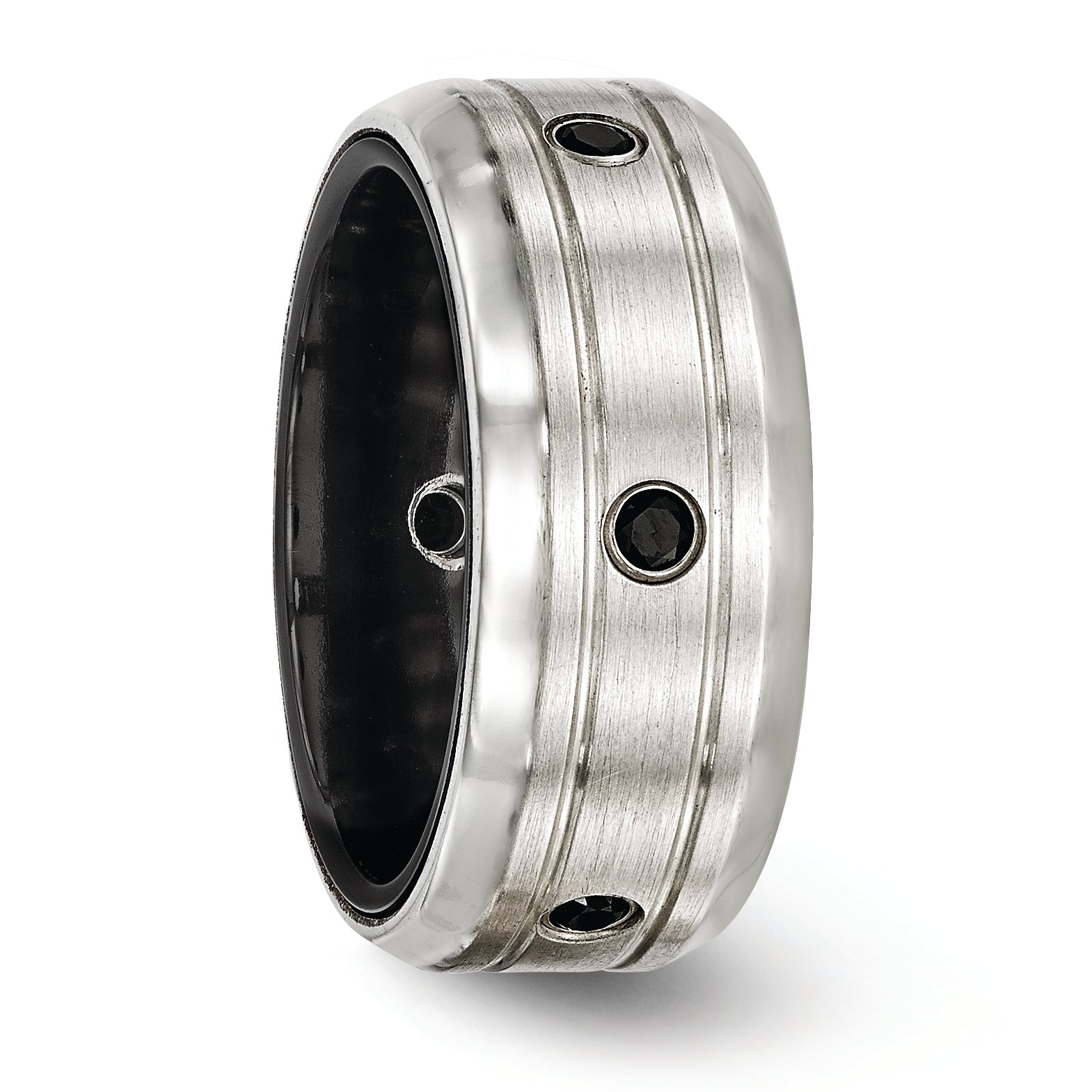 Edward Mirell Titanium and Sterling Silver Spinel Wedding Band with Grooved Design - 8