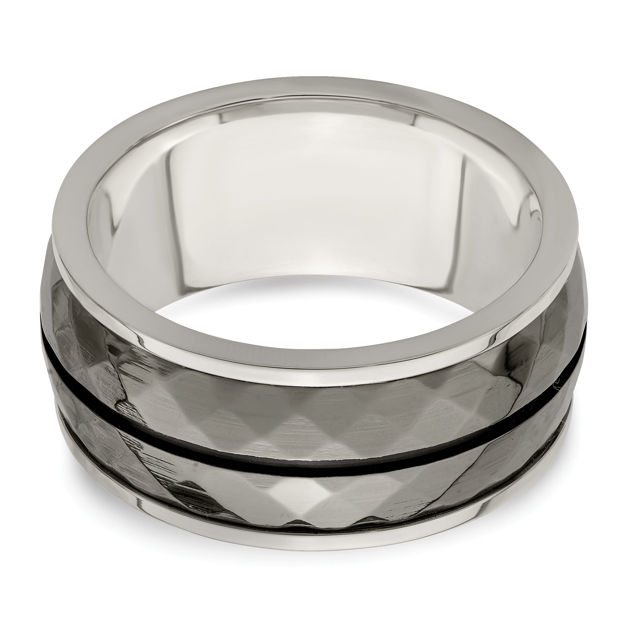 Black Inlay Wedding Band in Sterling Silver & Titanium, 10mm