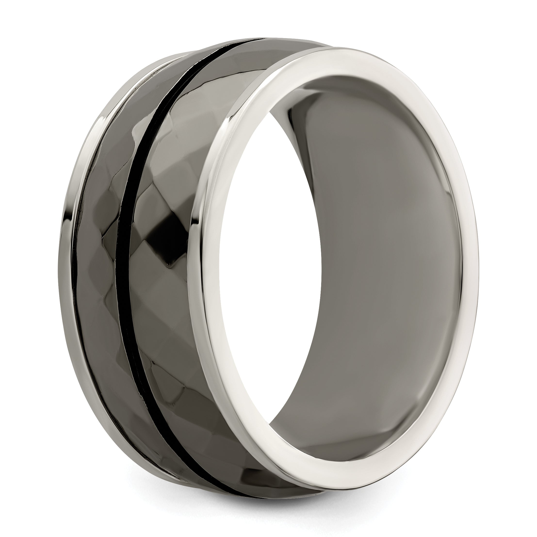 Black Inlay Wedding Band in Sterling Silver & Titanium, 10mm