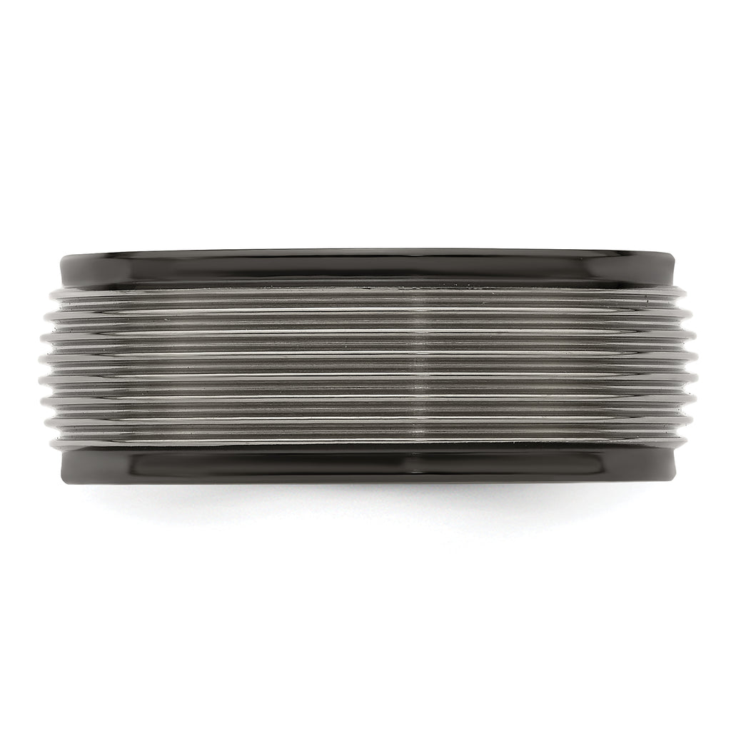 Titanium Wedding Band with Grooved Step Edge Polished Finish