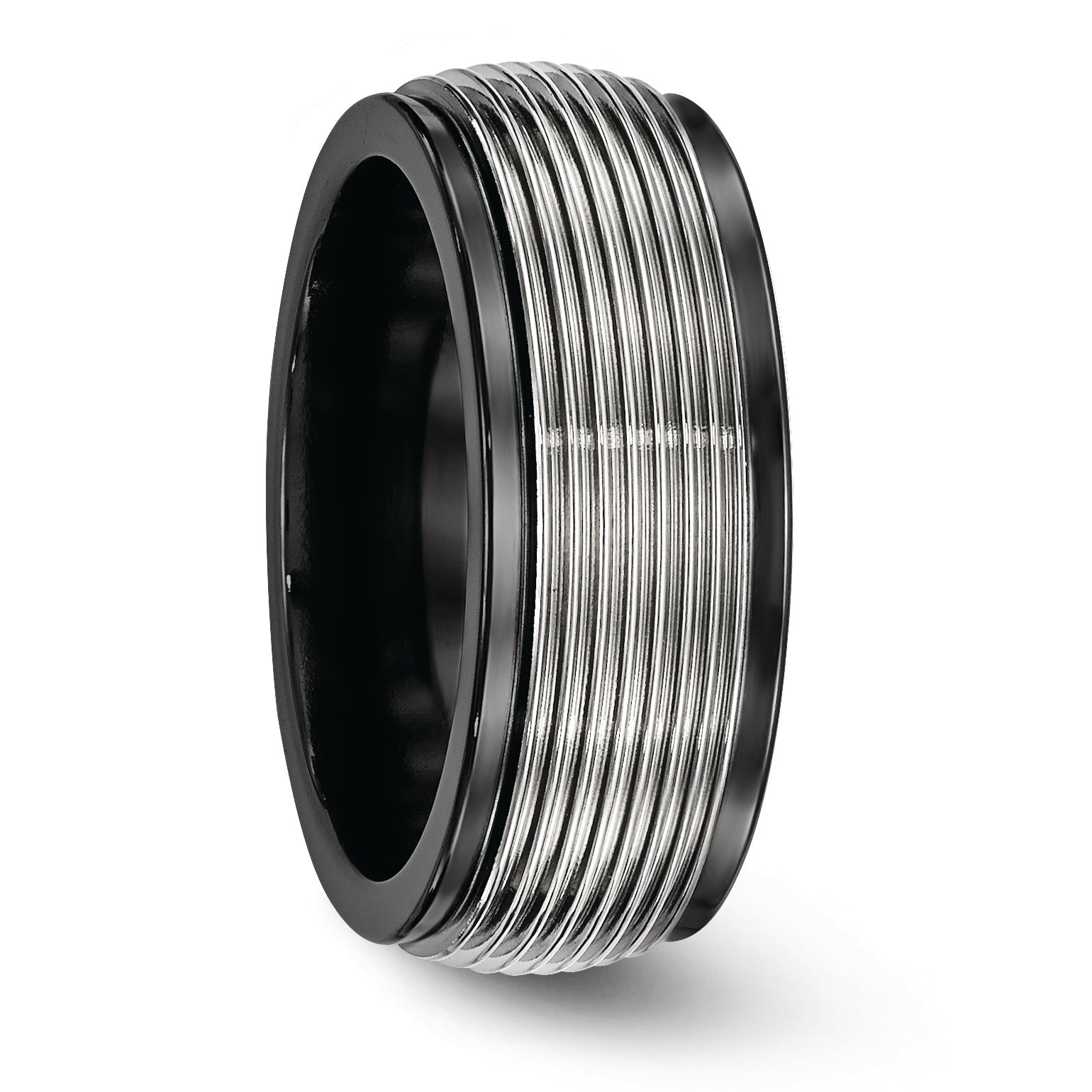 Titanium Wedding Band with Grooved Step Edge Polished Finish