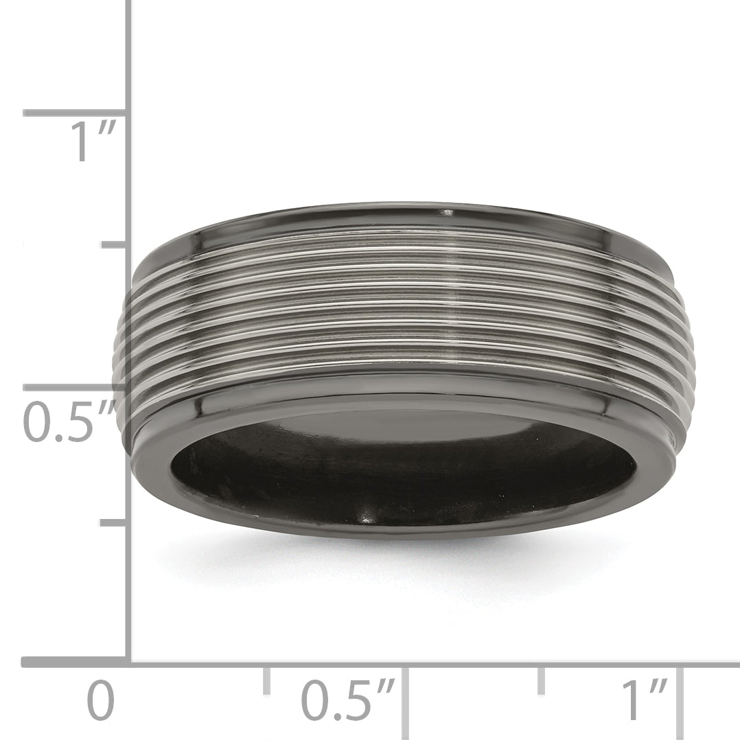 Titanium Wedding Band with Grooved Step Edge Polished Finish