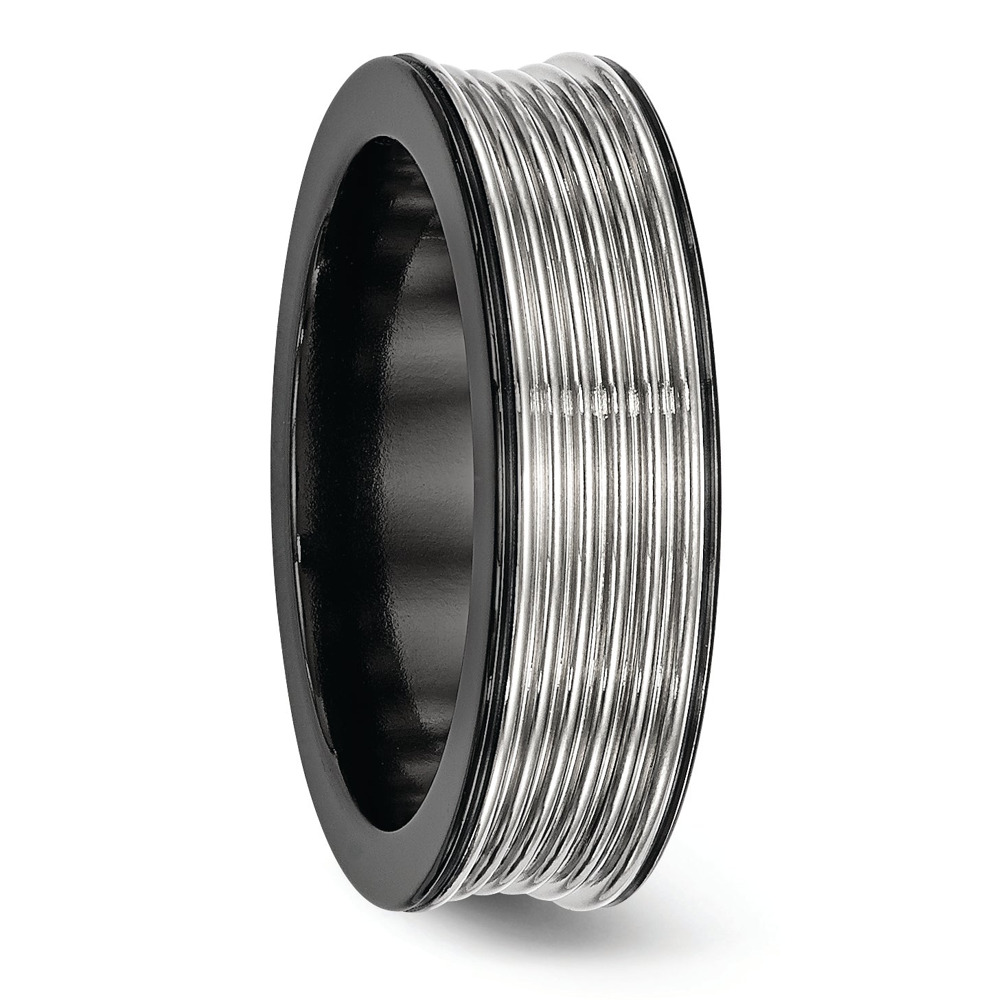 Grooved Concave Wedding Band in Black Titanium & Titanium, 7mm