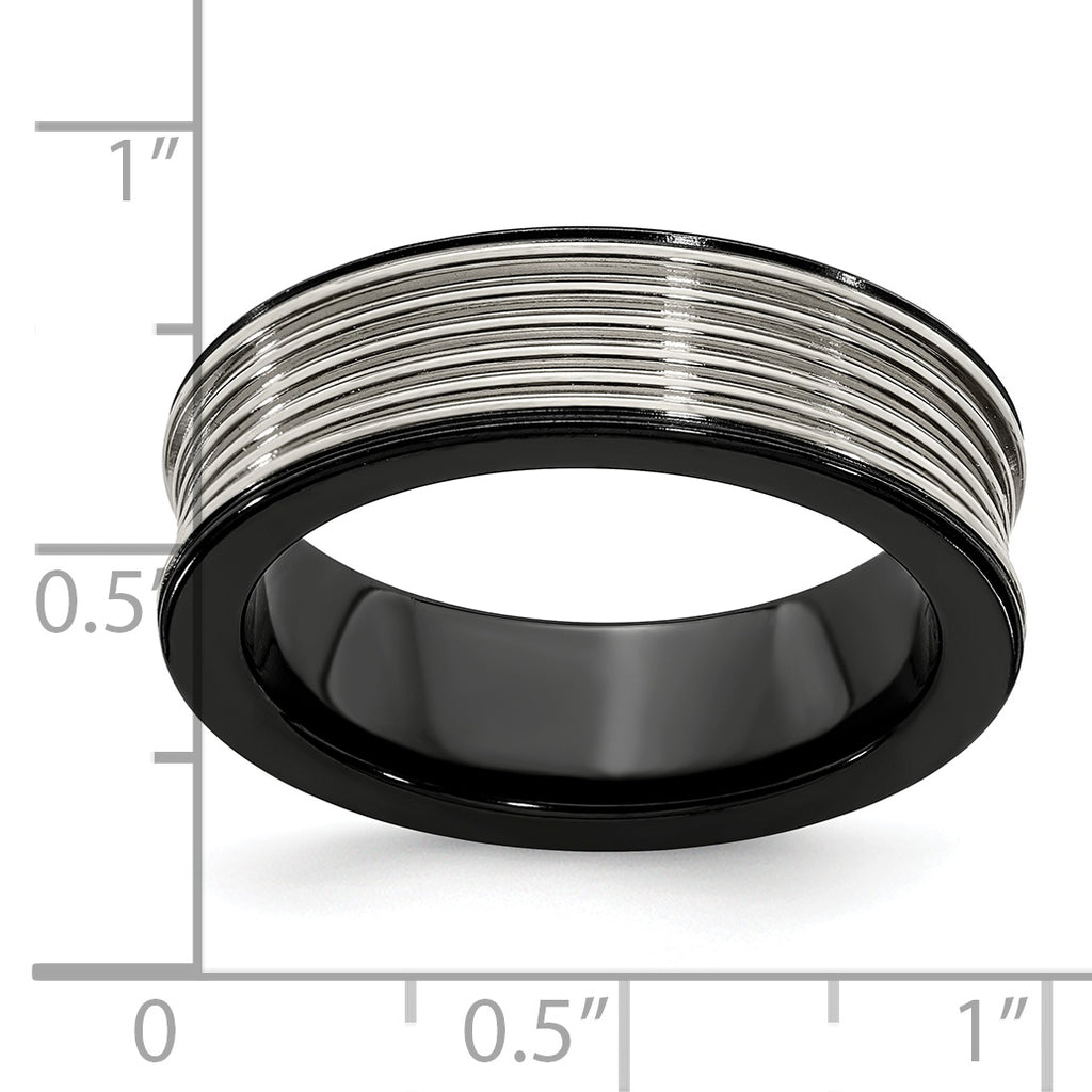 Grooved Concave Wedding Band in Black Titanium & Titanium, 7mm