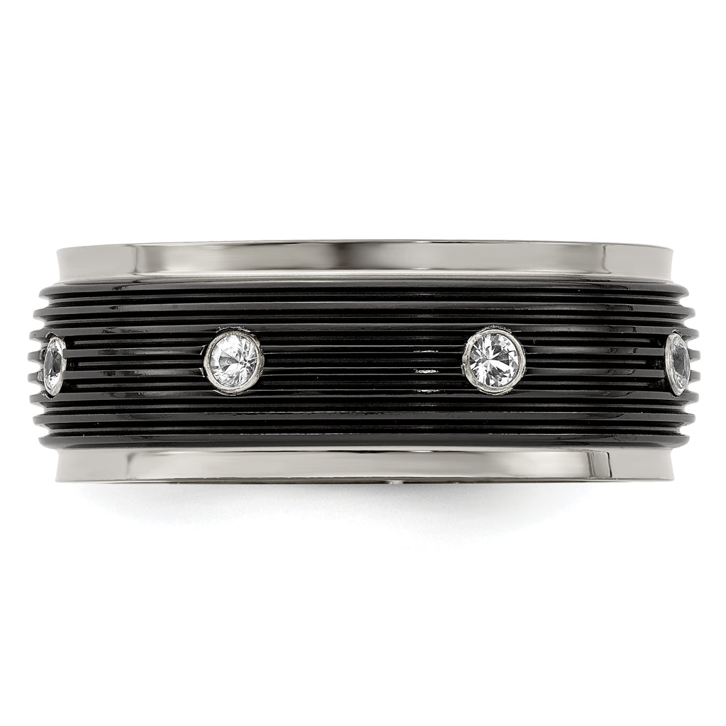 White Sapphire Grooved Wedding Band in Titanium, 9mm