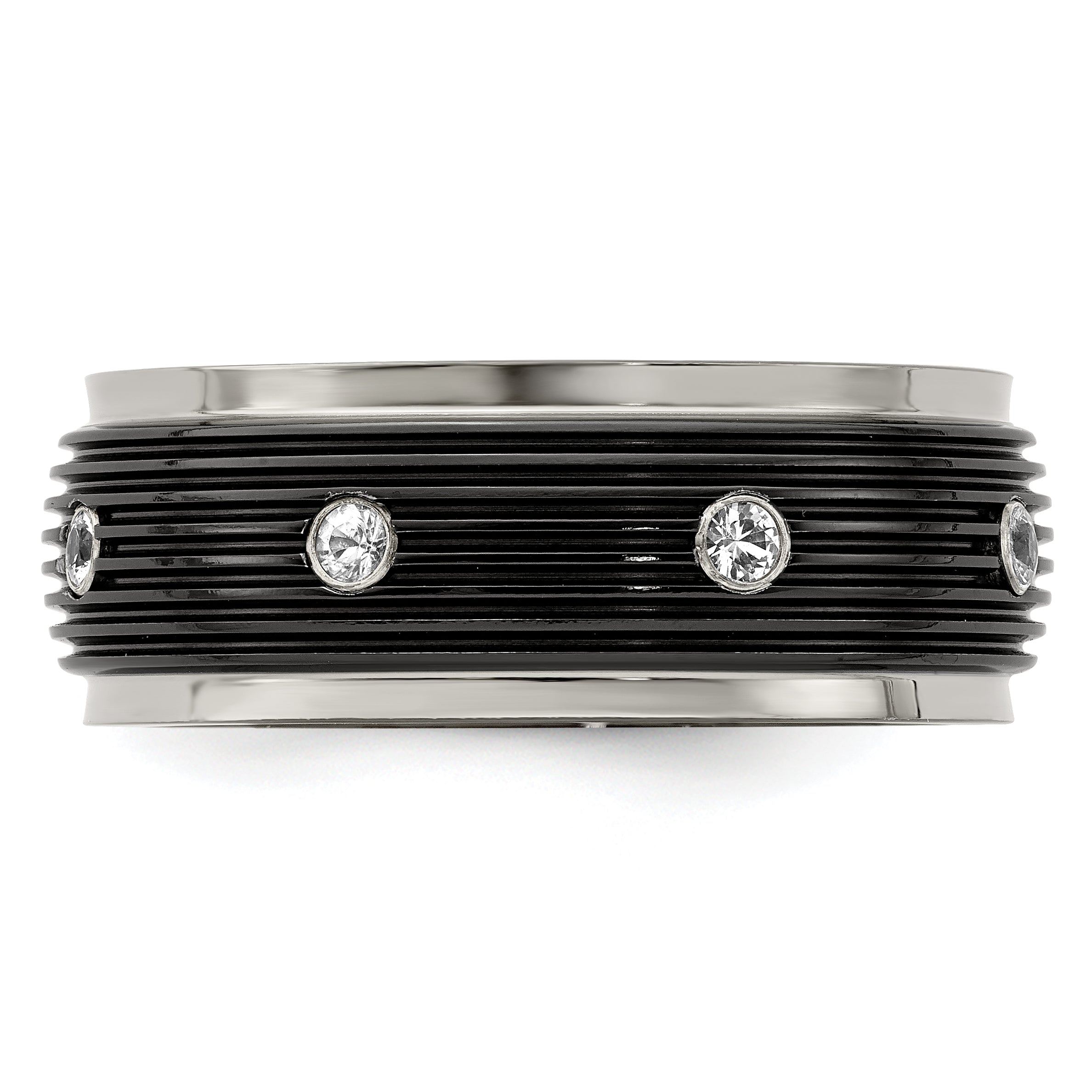 White Sapphire Grooved Wedding Band in Titanium, 9mm