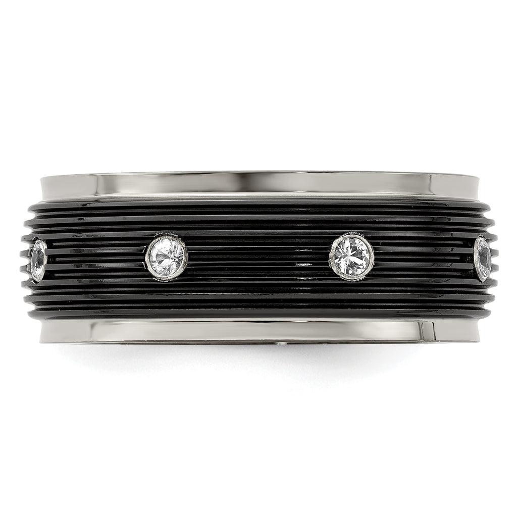 White Sapphire Grooved Wedding Band in Titanium, 9mm
