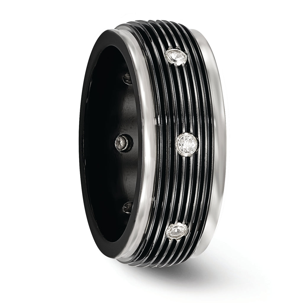 White Sapphire Grooved Wedding Band in Titanium, 9mm