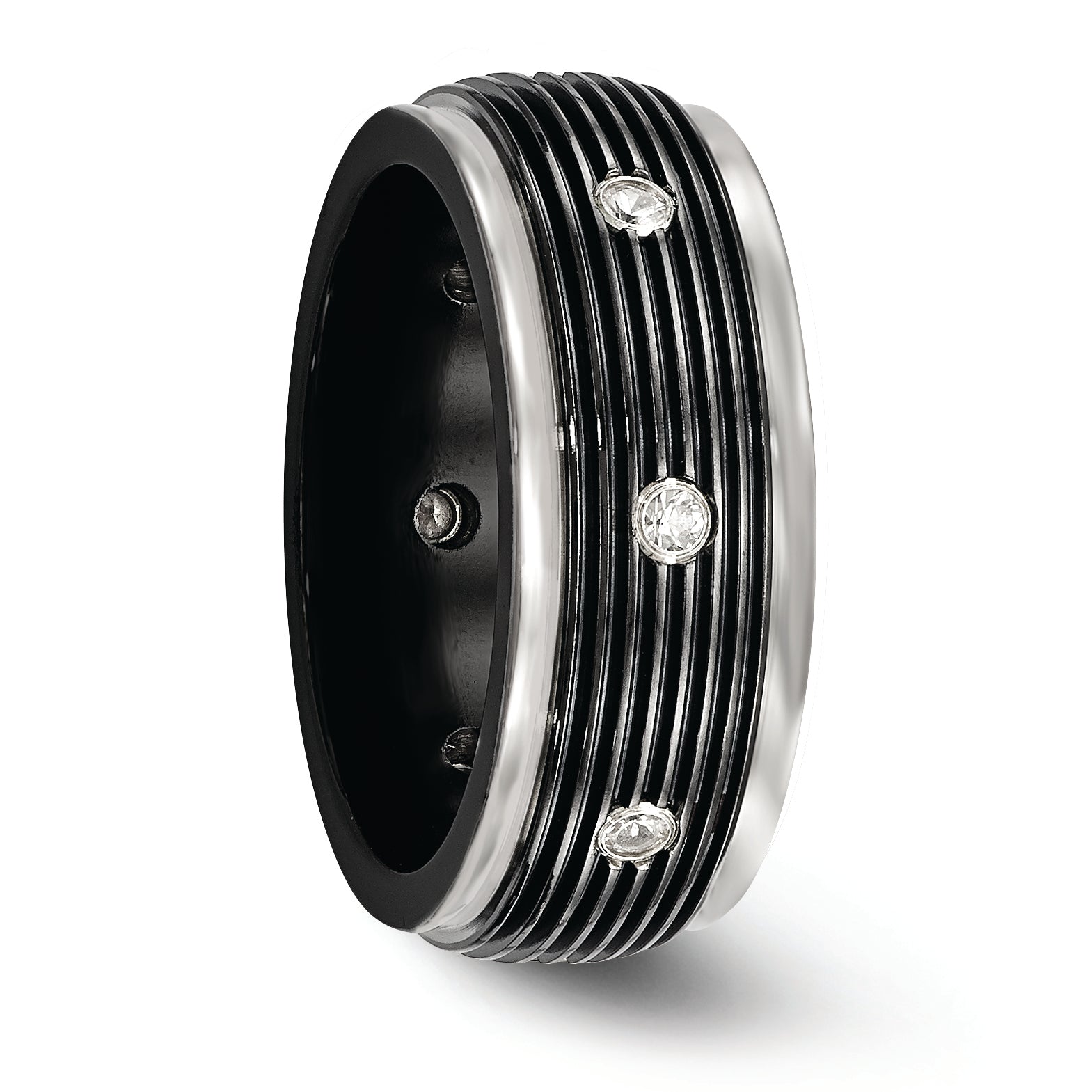 White Sapphire Grooved Wedding Band in Titanium, 9mm