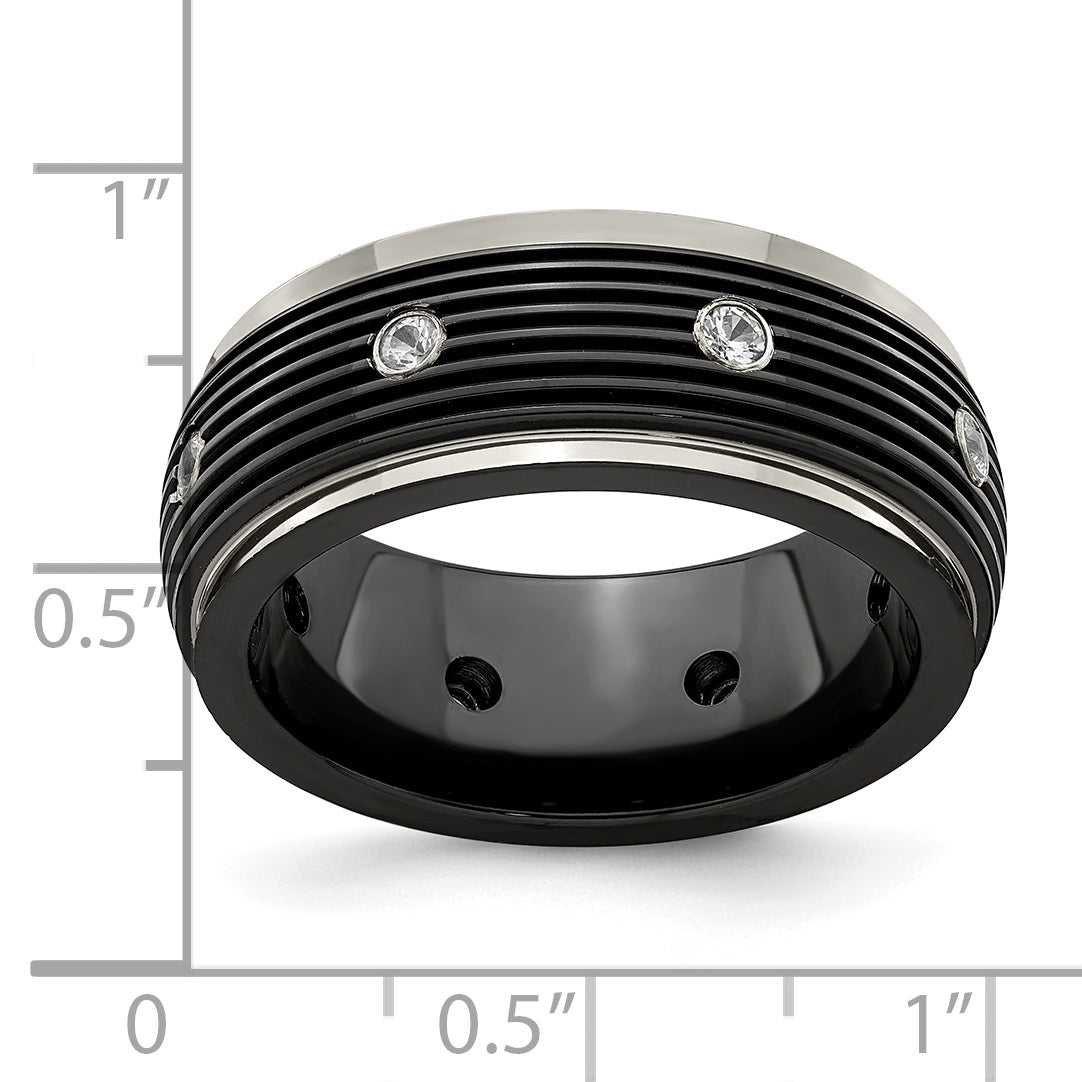 White Sapphire Grooved Wedding Band in Titanium, 9mm