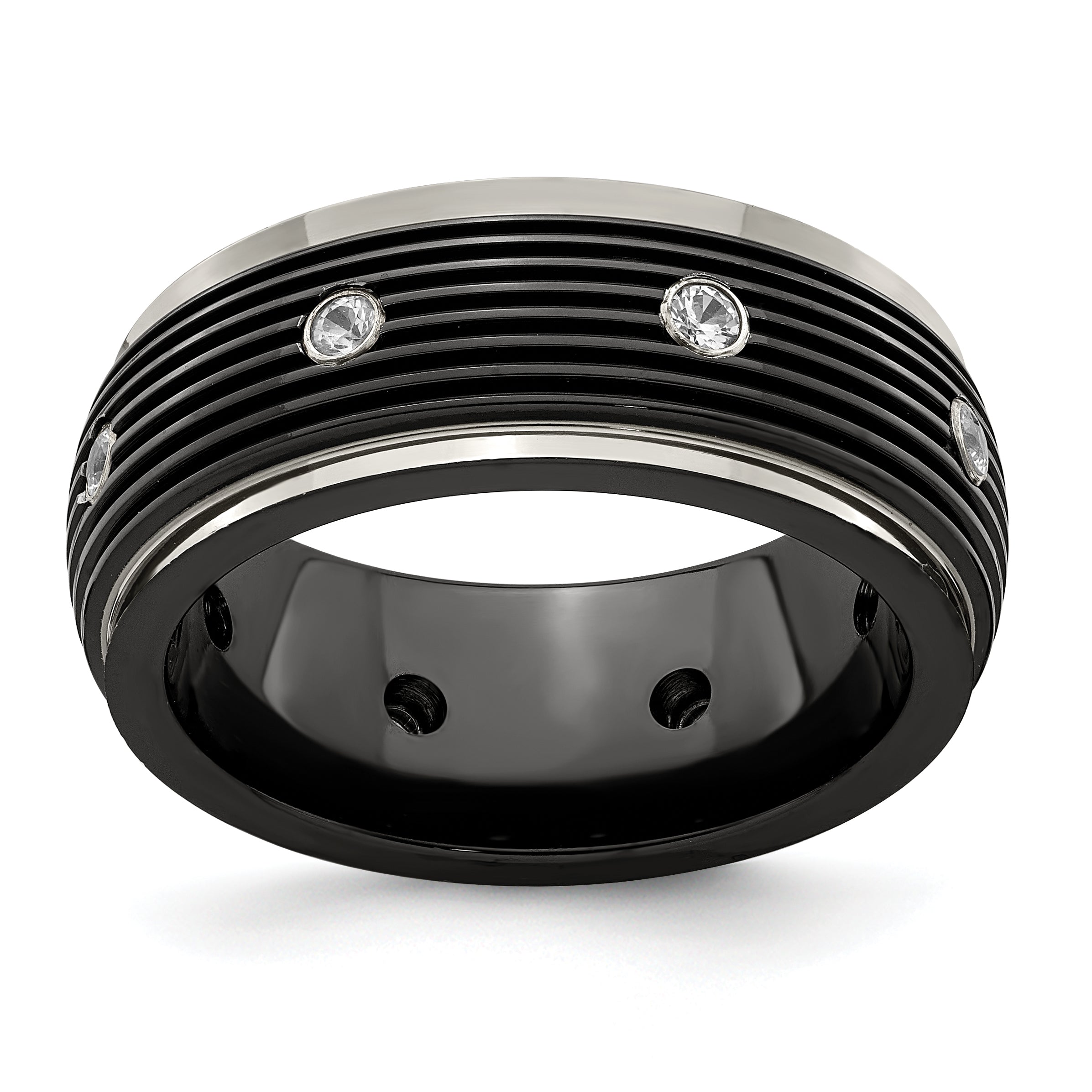 Edward Mirell Titanium & Black Ti With White Sapphires Grooved Ring Main image