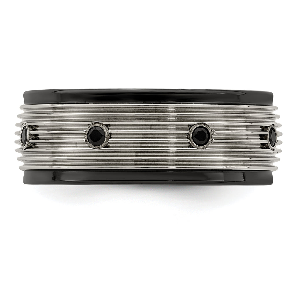 Black Spinel Grooved Wedding Band in Titanium, 9mm