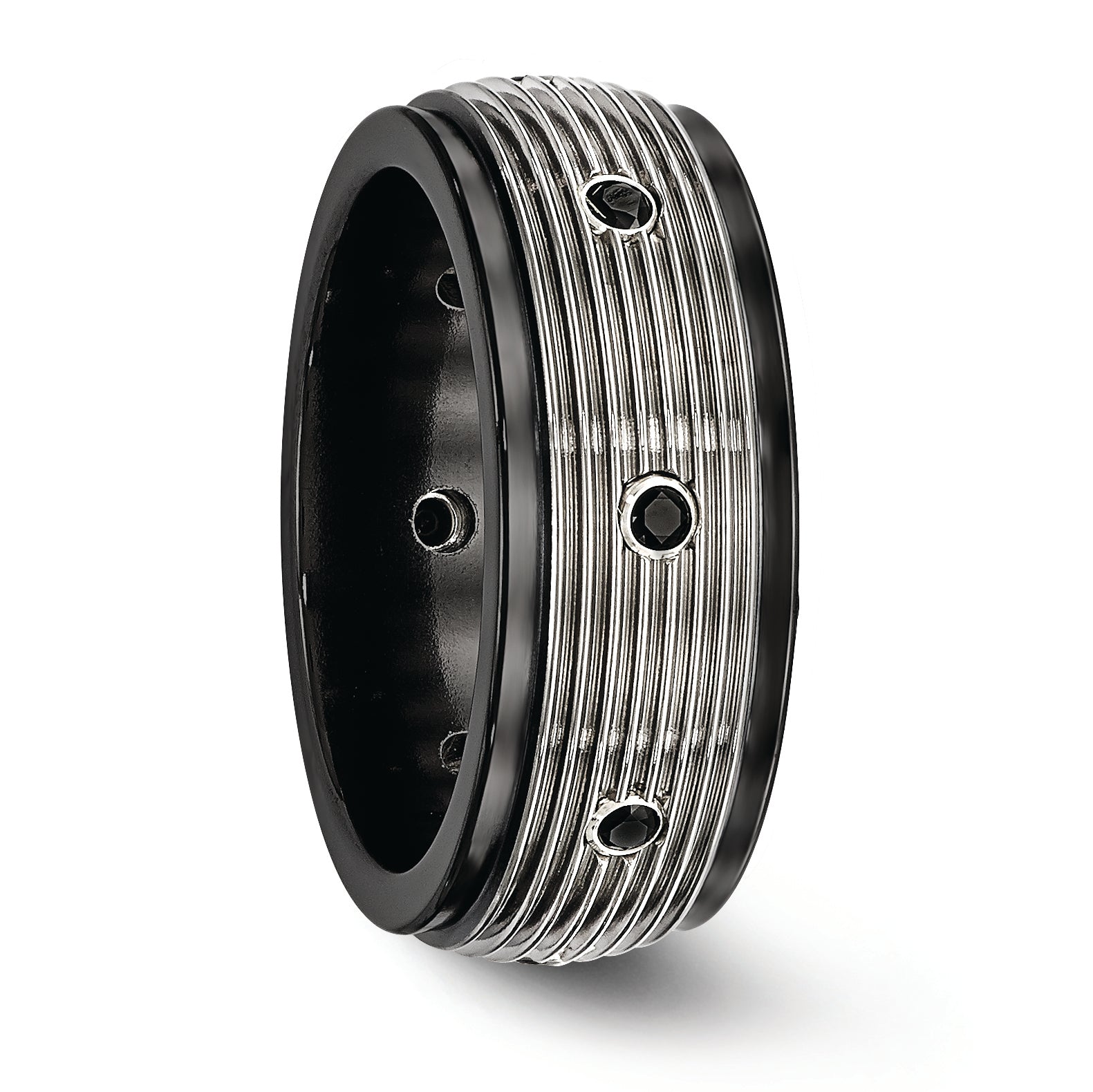 Titanium Wedding Band with Black Spinel & Polished Grooves
