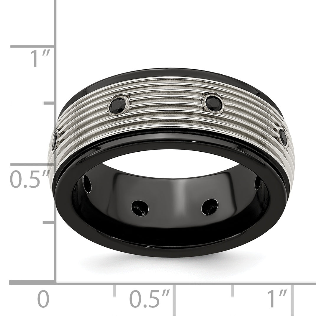 Titanium Wedding Band with Black Spinel & Polished Grooves