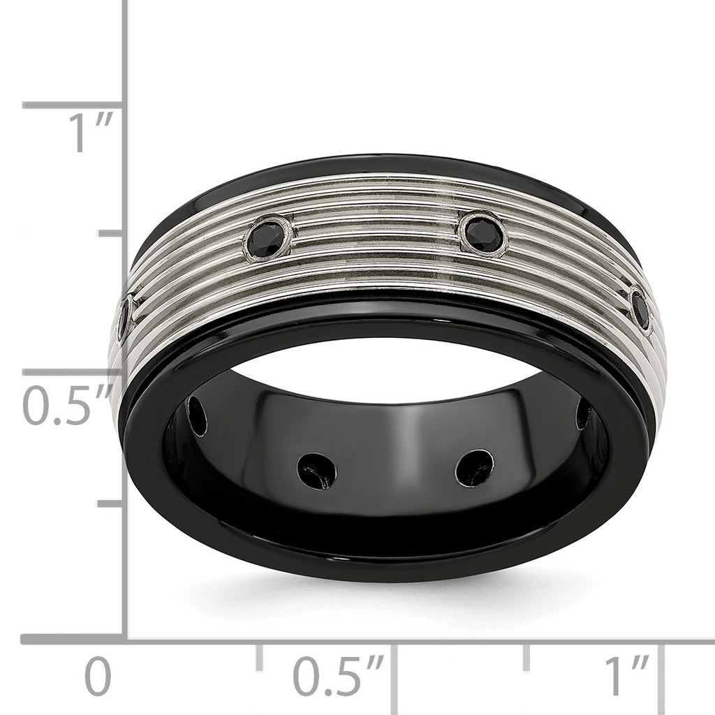 Black Spinel Grooved Wedding Band in Titanium, 9mm
