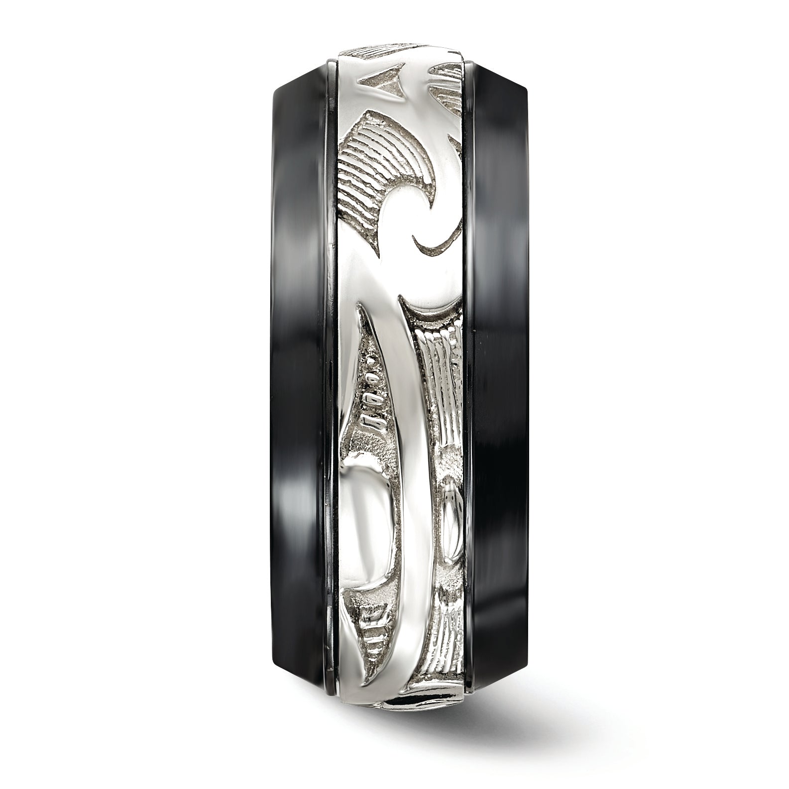 Black Titanium and Sterling Silver Scroll Wedding Band Polished Two-Tone Elegance