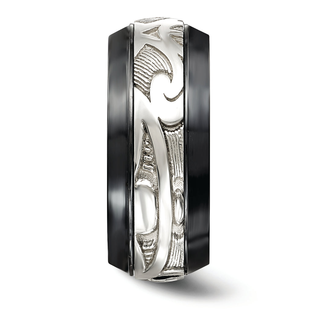 Scroll Inlay Wedding Band in Black Titanium & Sterling Silver, 10mm