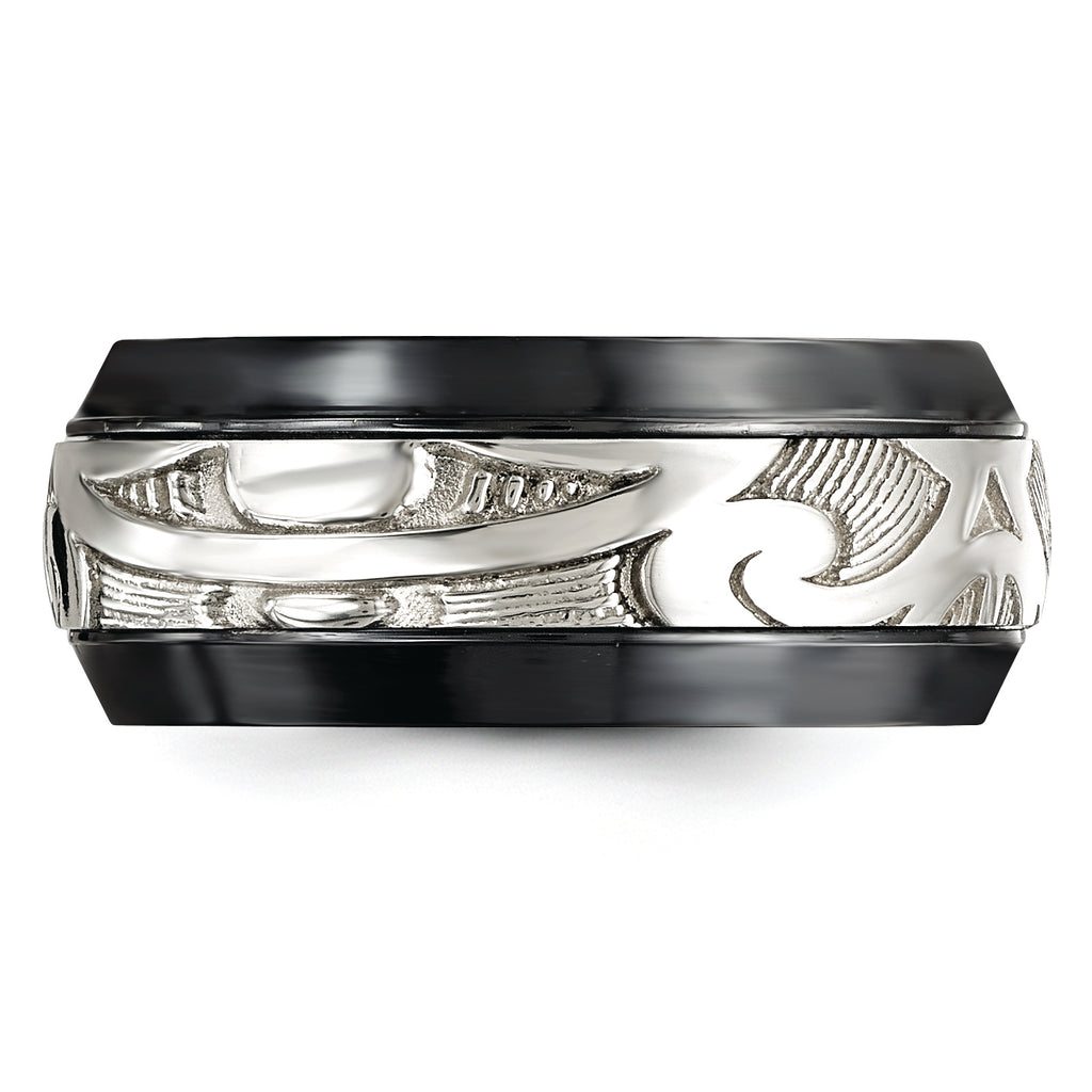 Scroll Inlay Wedding Band in Black Titanium & Sterling Silver, 10mm