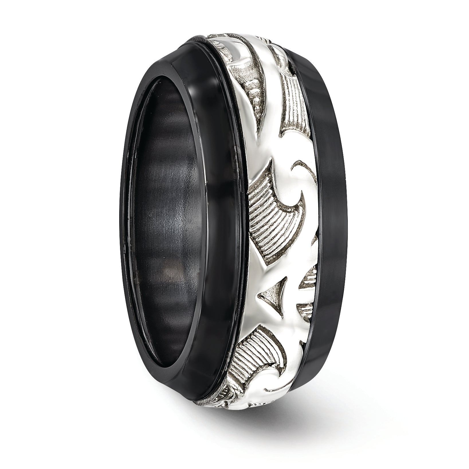 Black Titanium and Sterling Silver Scroll Wedding Band Polished Two-Tone Elegance