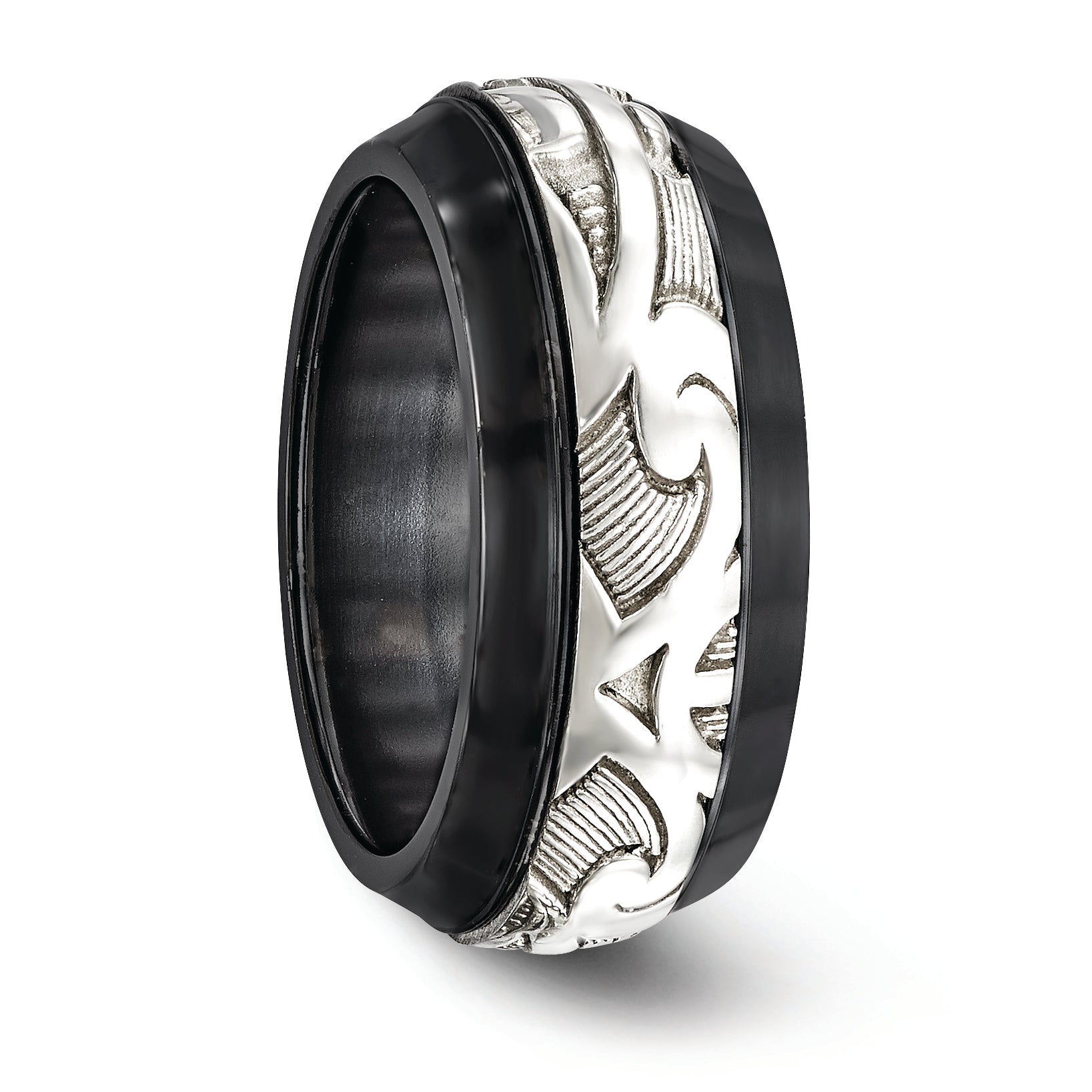 Edward Mirell Black Ti & Sterling Silver Inlay Polished Scroll Ring
