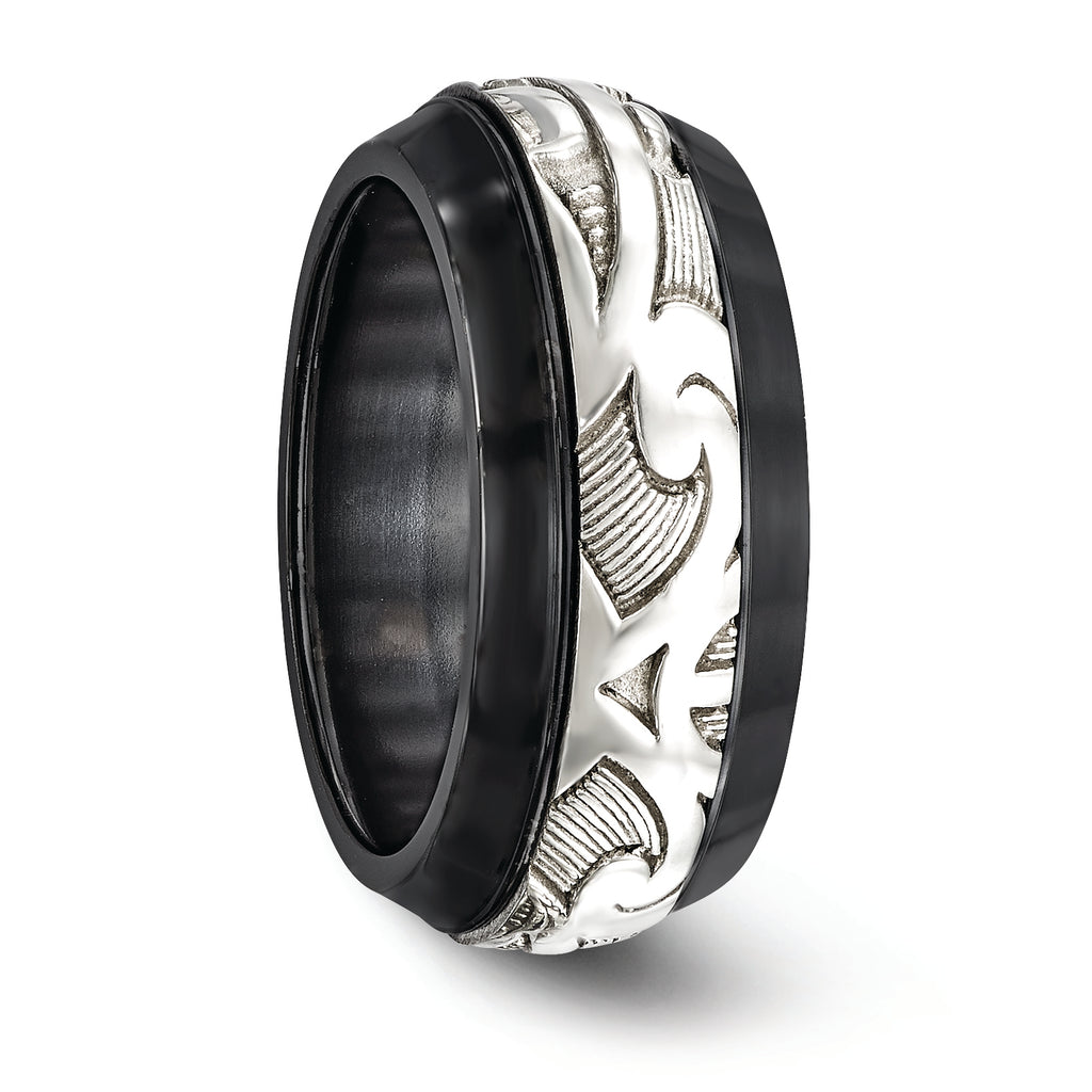 Scroll Inlay Wedding Band in Black Titanium & Sterling Silver, 10mm
