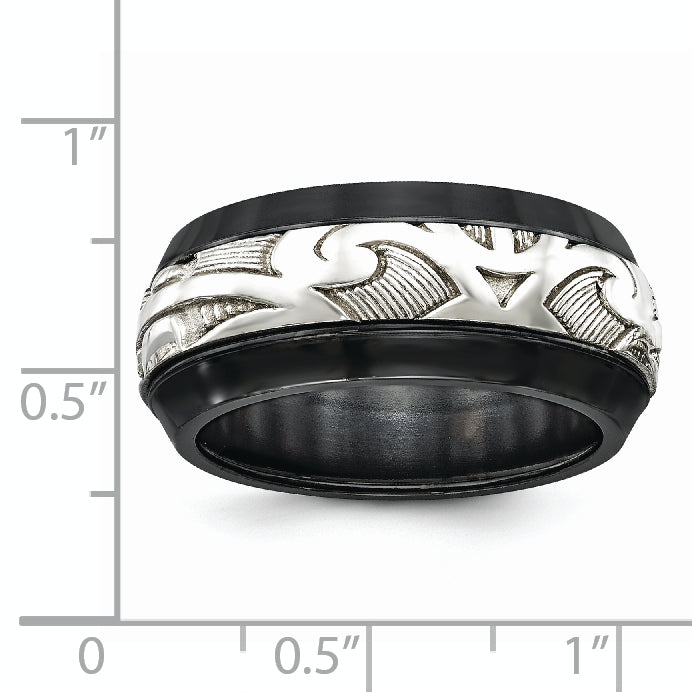 Black Titanium and Sterling Silver Scroll Wedding Band Polished Two-Tone Elegance