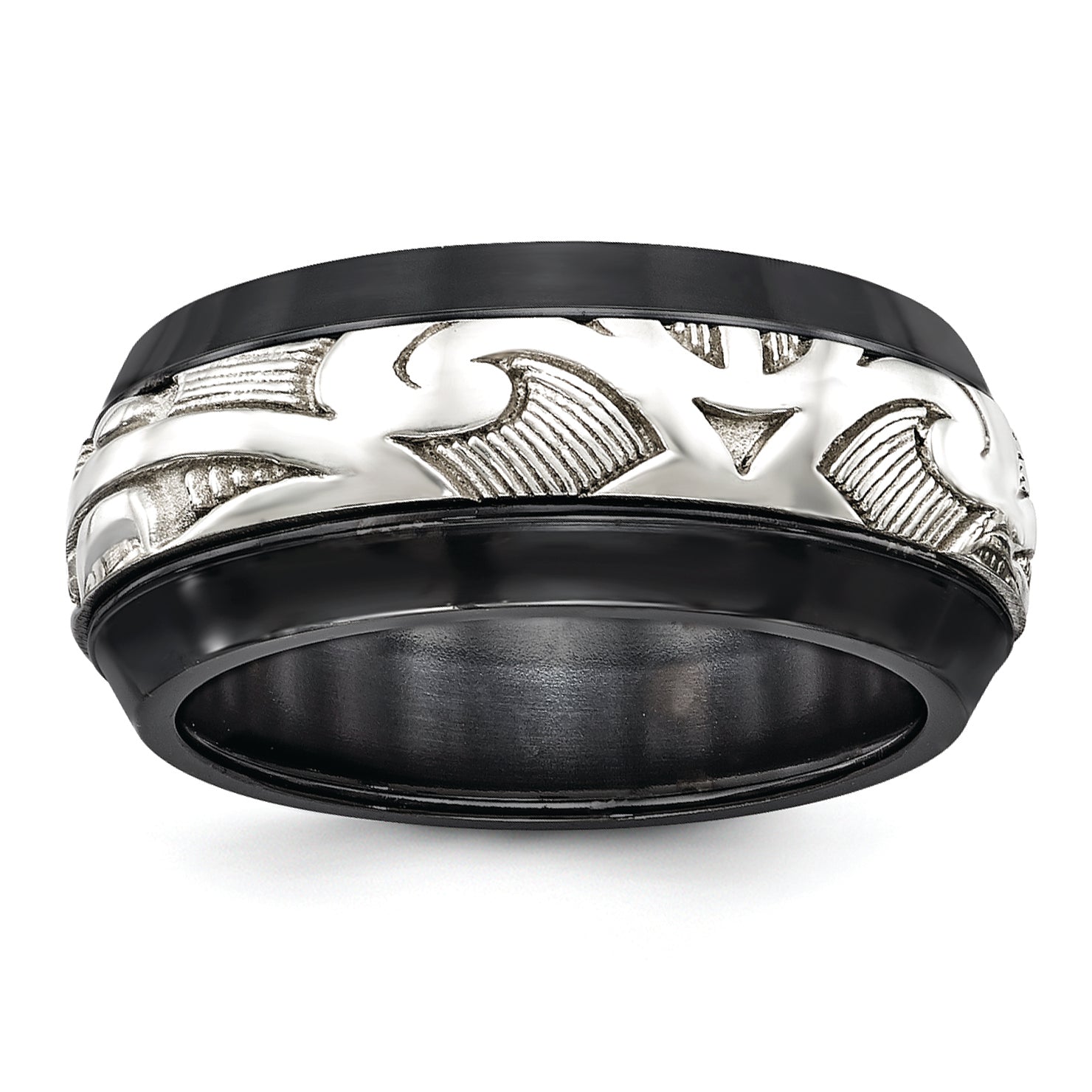 Edward Mirell Black Ti & Sterling Silver Inlay Polished Scroll Ring
